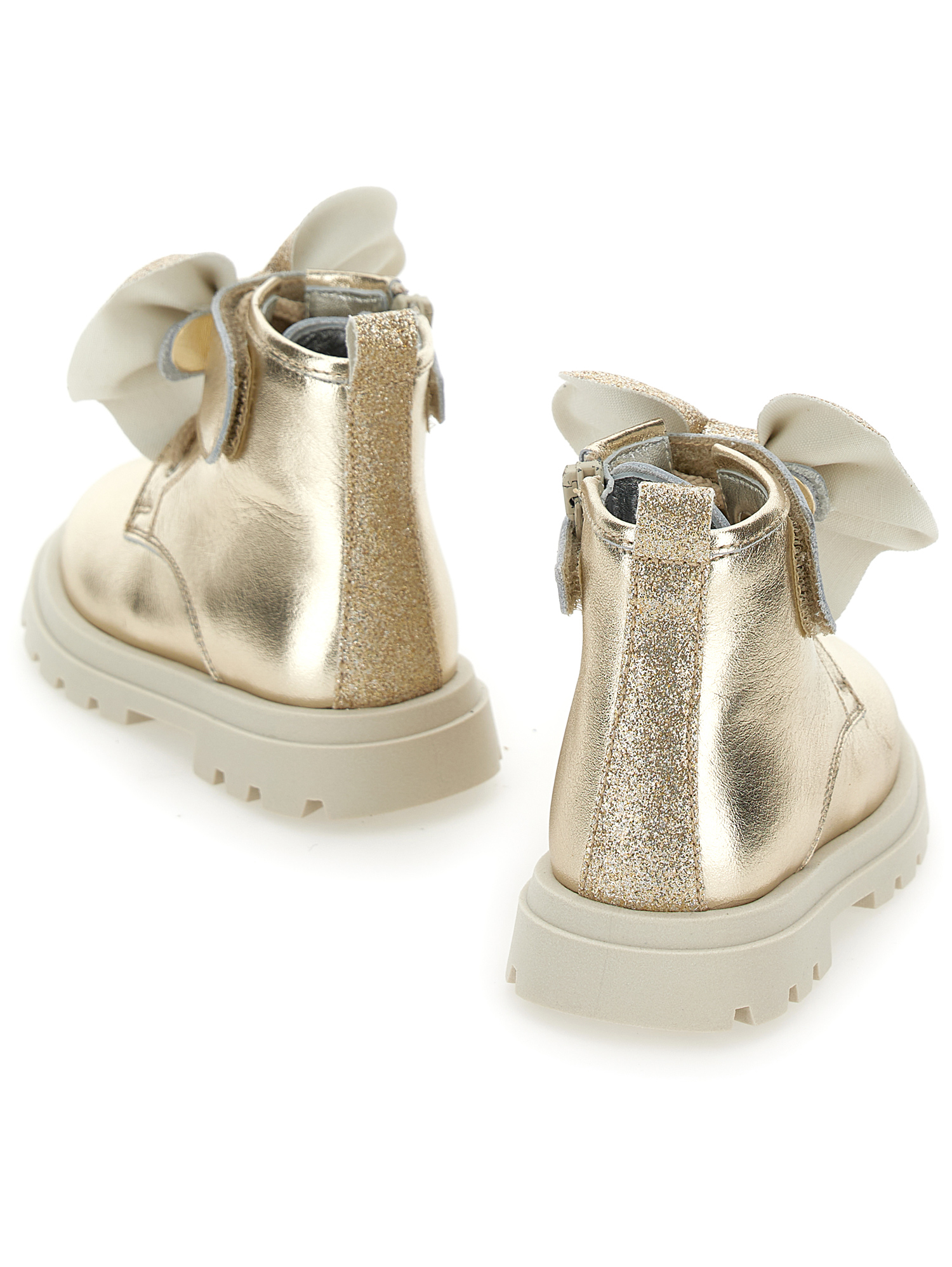 Monnalisa Leather Boots With Glitter Bow In Light Gold