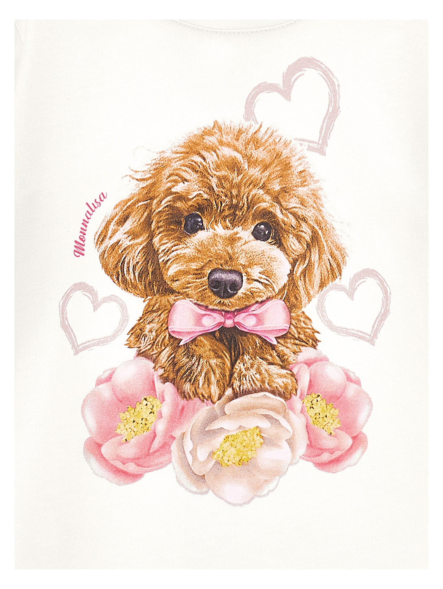 Monnalisa Poodle And Anemone Print Cotton T-shirt In Cream