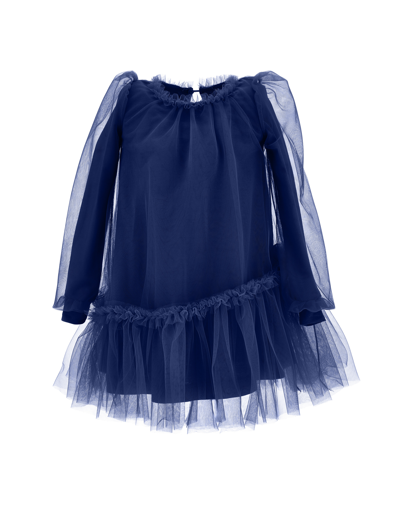 Monnalisa Tulle Dress With Blouse Sleeves In Navy Blue