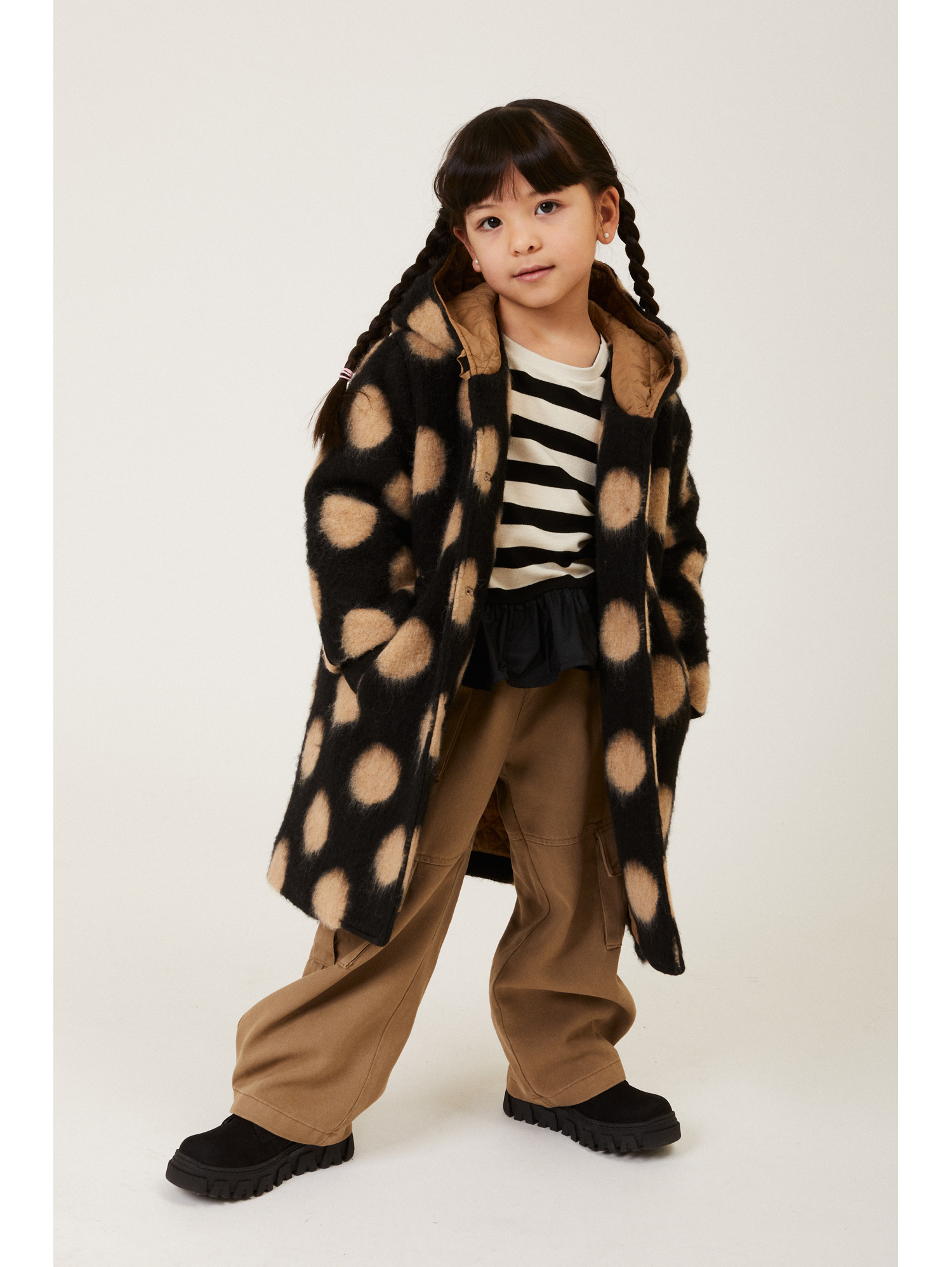 Shop Monnalisa Polka Dot Boiled Wool Coat In Black + Beige