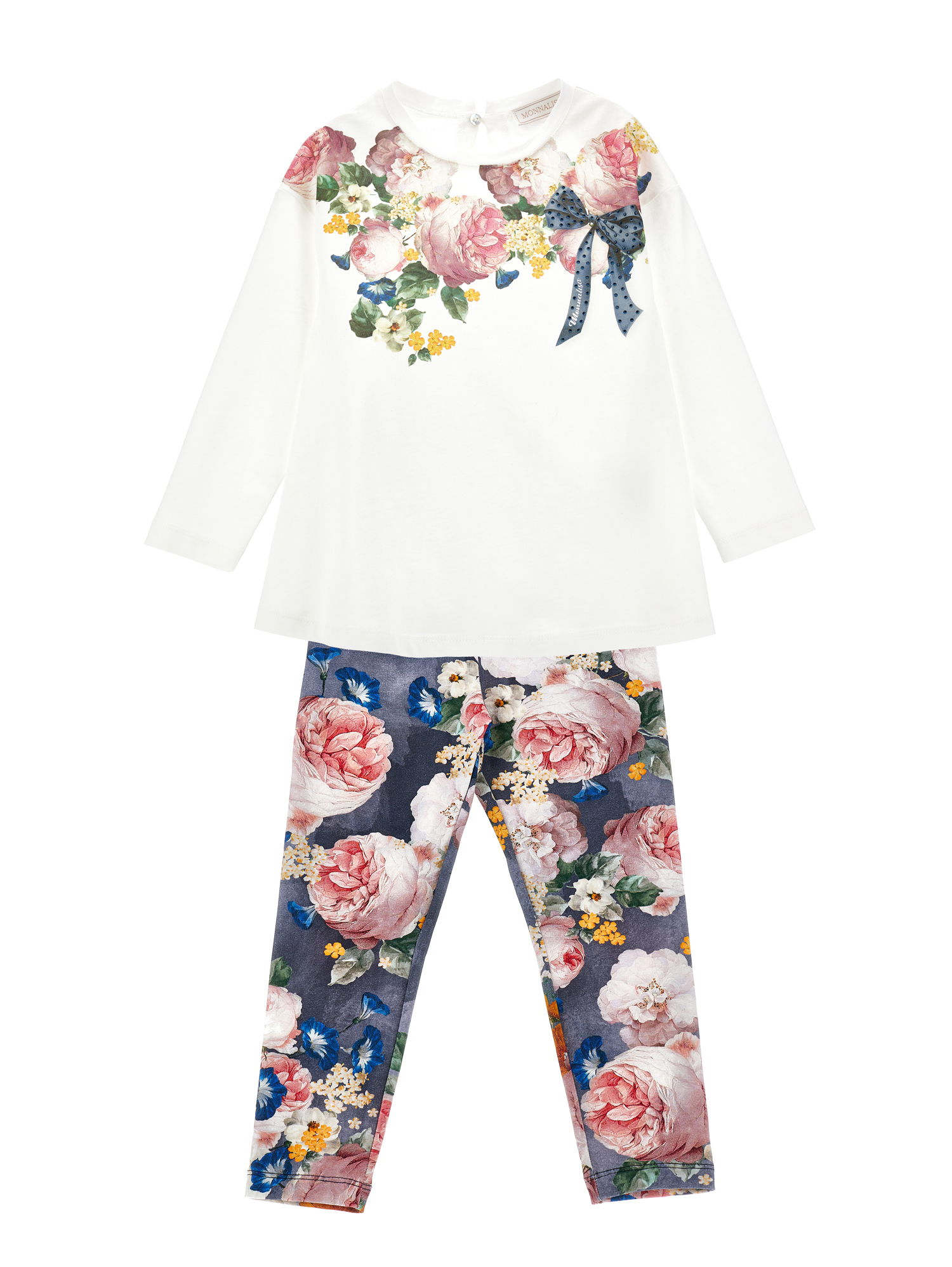 Monnalisa Floral-print Cotton Trouser Set In Cream + Navy Blue