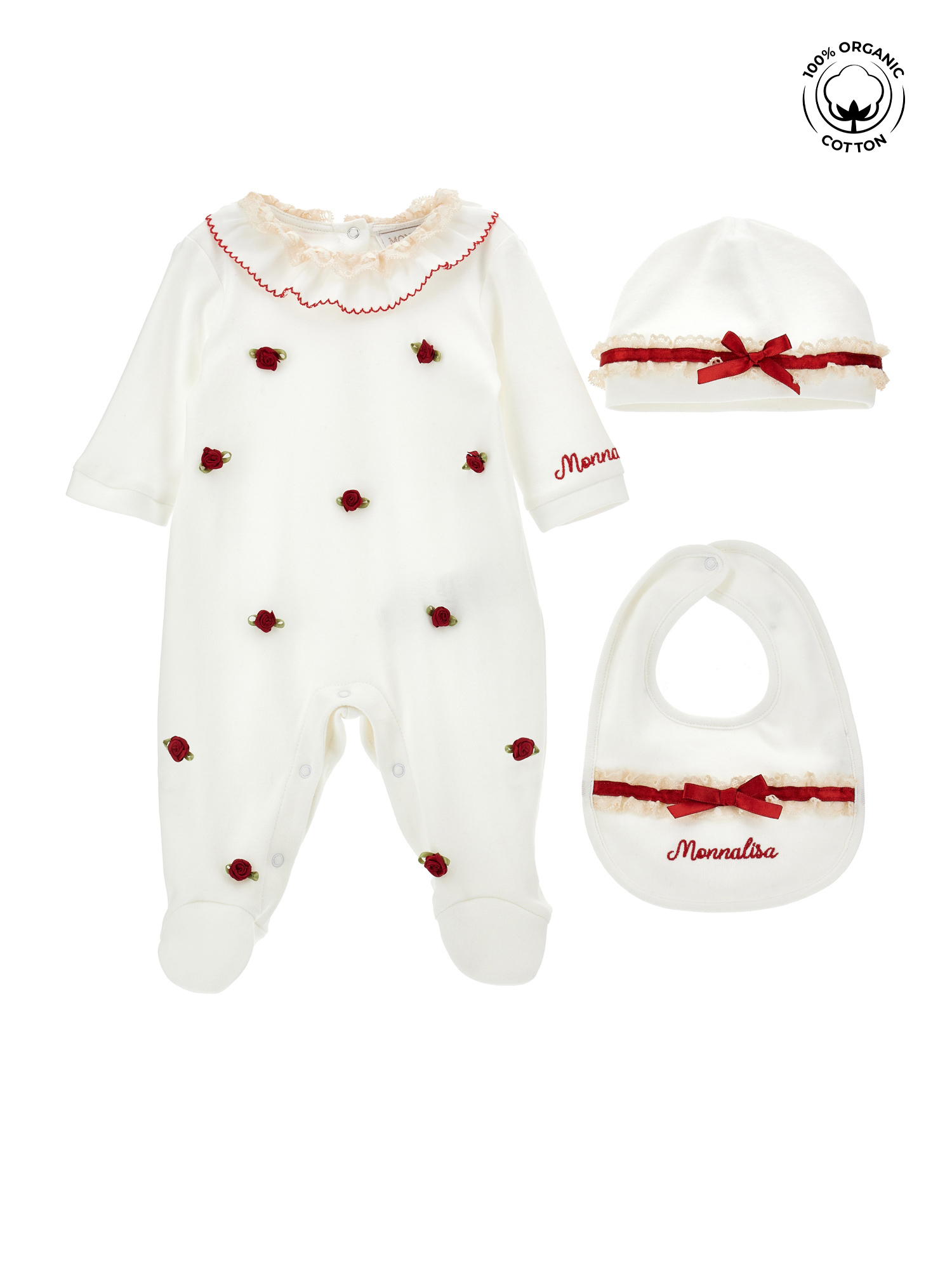 Monnalisa Baby Romper Bib And Hat Set In White
