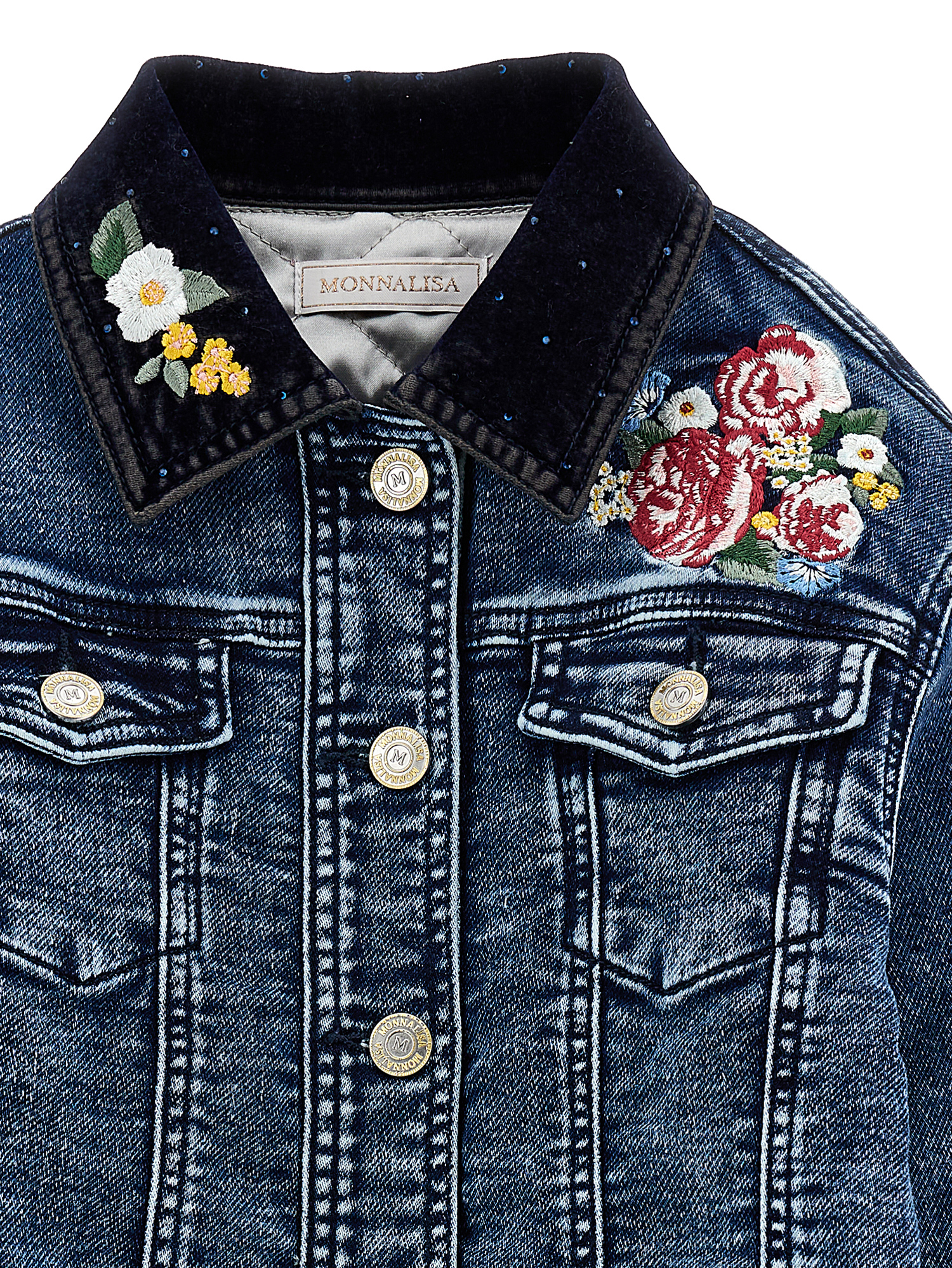 Monnalisa Embroidered Denim Jacket In Blu Stone Denim