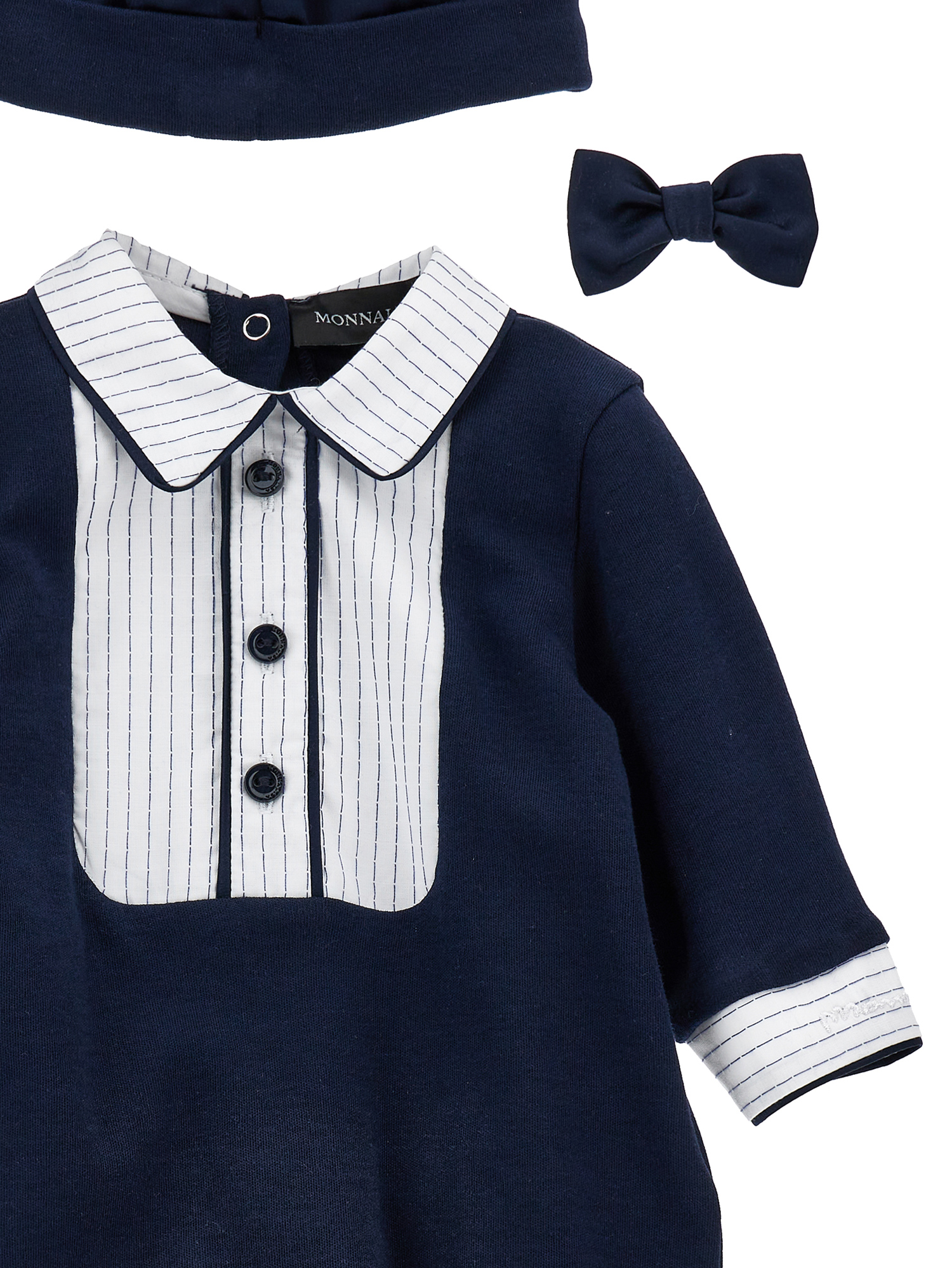 Monnalisa Elegant Playsuit With Bow Tie In Blue + Cream
