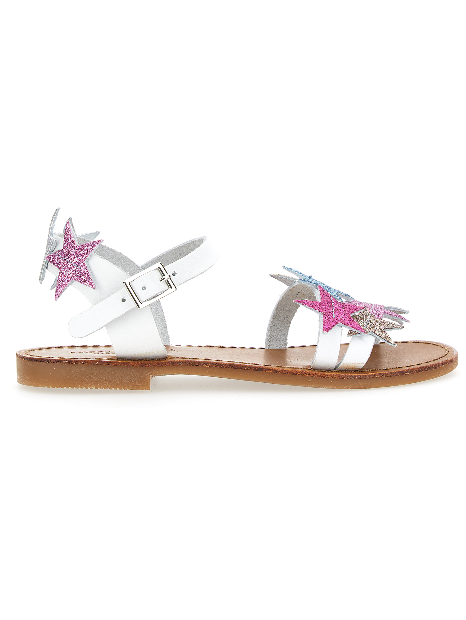 Monnalisa Leather Sandals With Glitter Stars In White + Multicolor