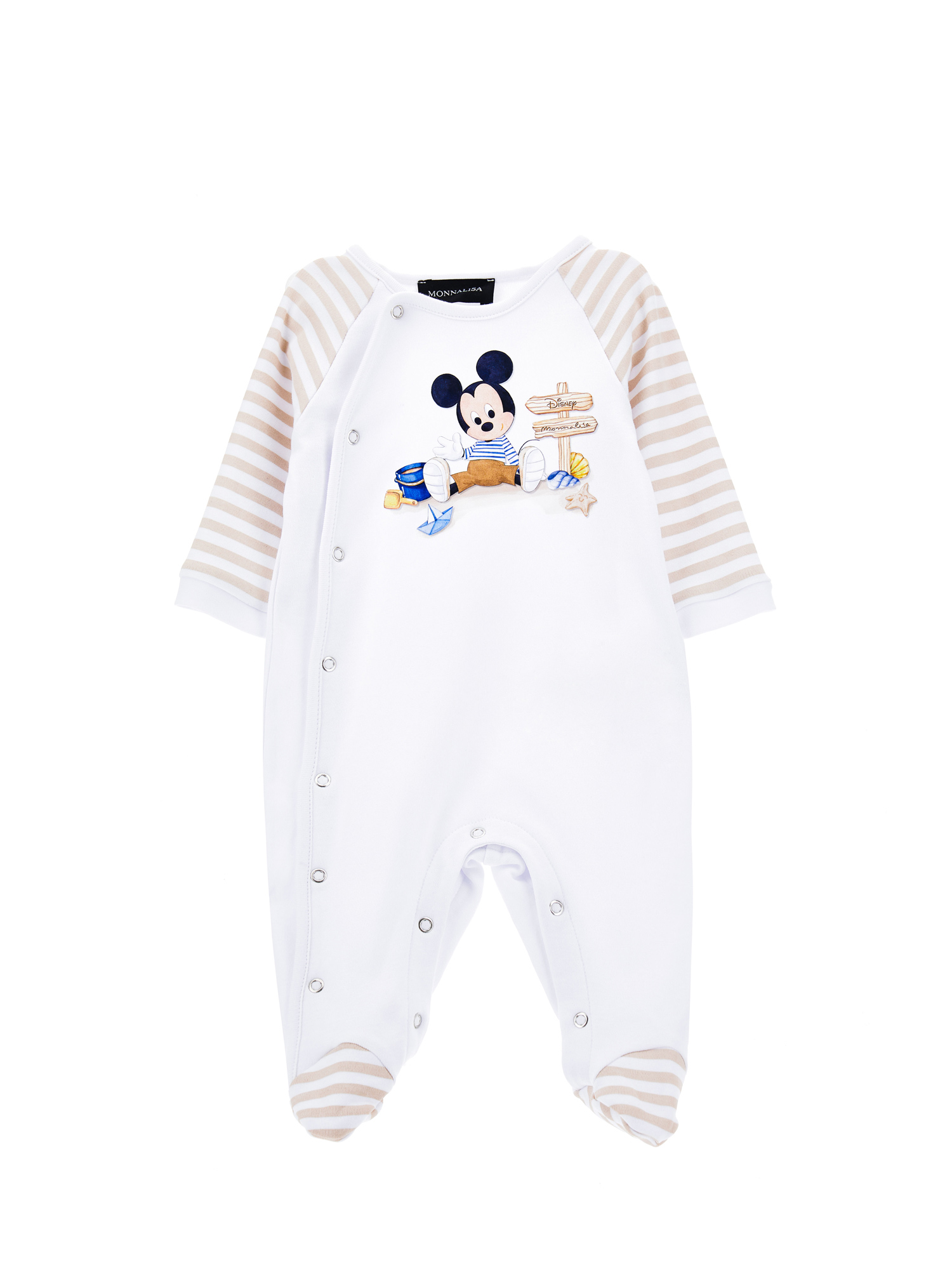 Monnalisa Babies'   Mickey Playsuit With Striped Sleeves In White + Ecru