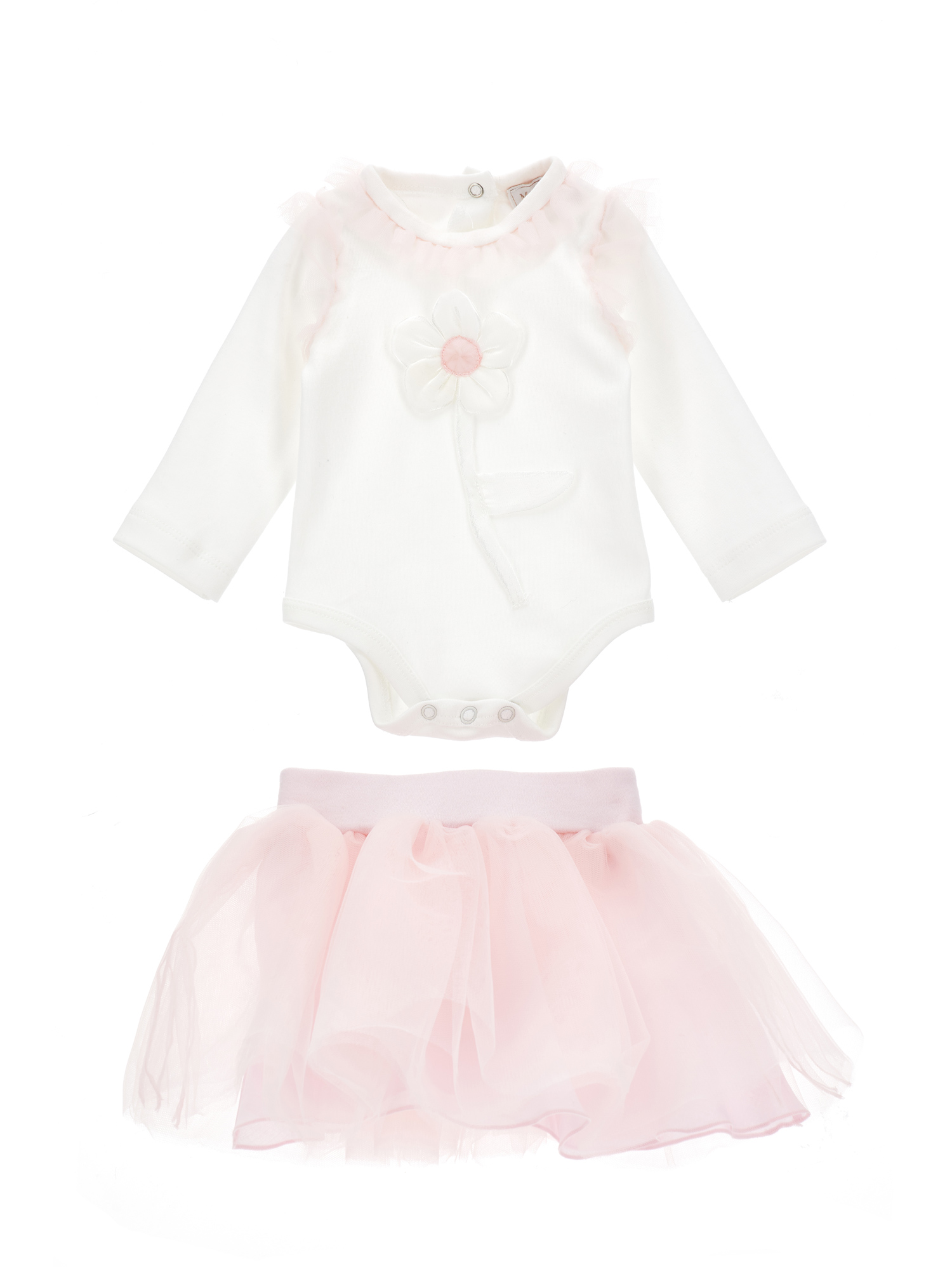 Monnalisa 2-piece Set With Tulle And Appliqué Flower In Cream + Pink
