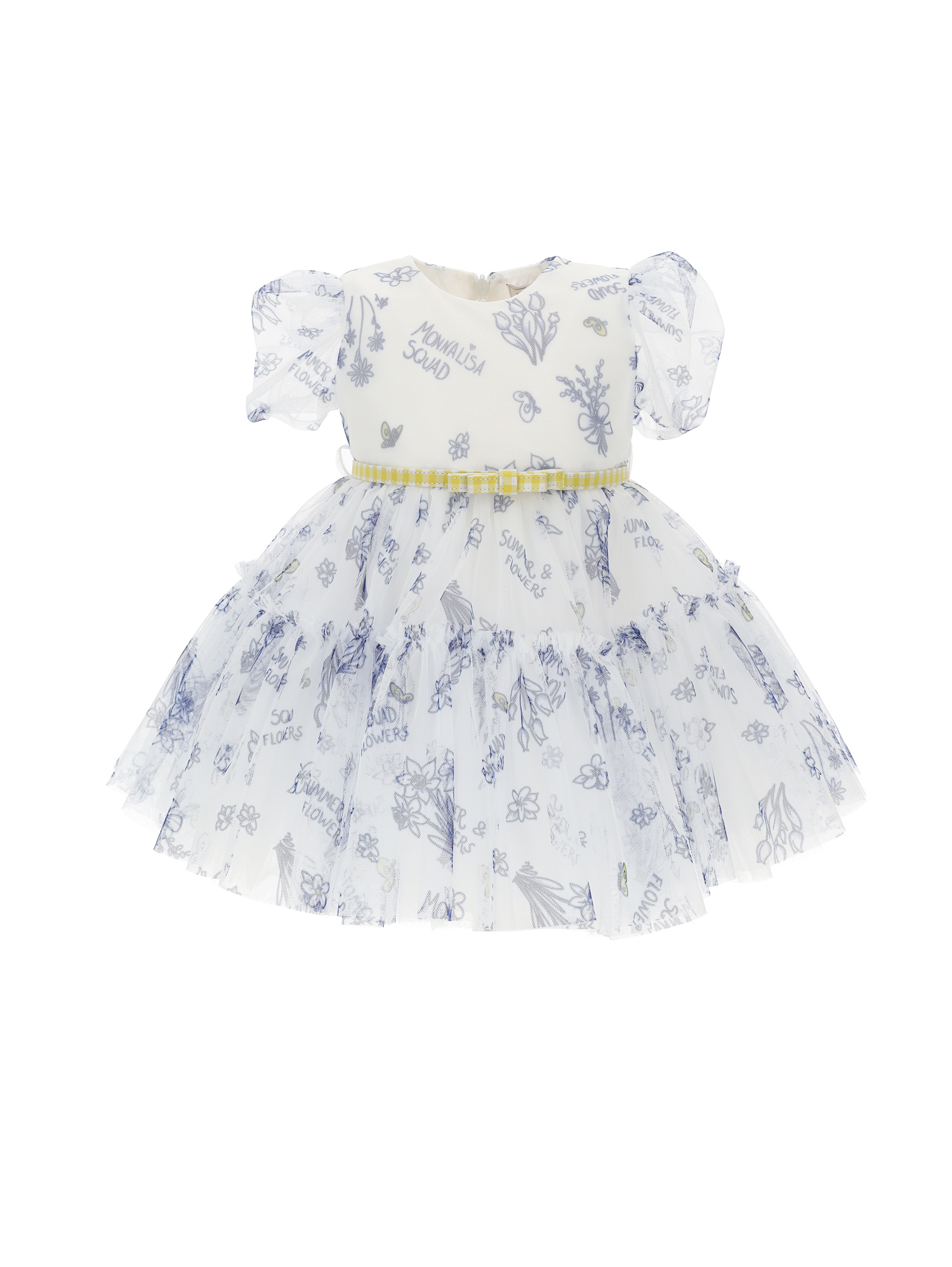 Monnalisa Floral Tulle Dress With Belt In White + Blue