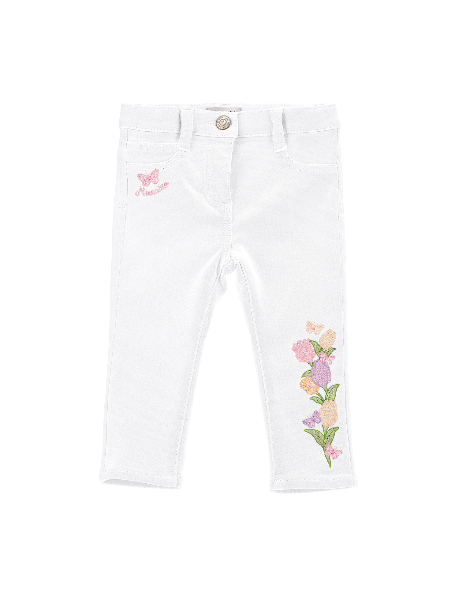 Monnalisa Five-pocket Embroidered Jeans In White