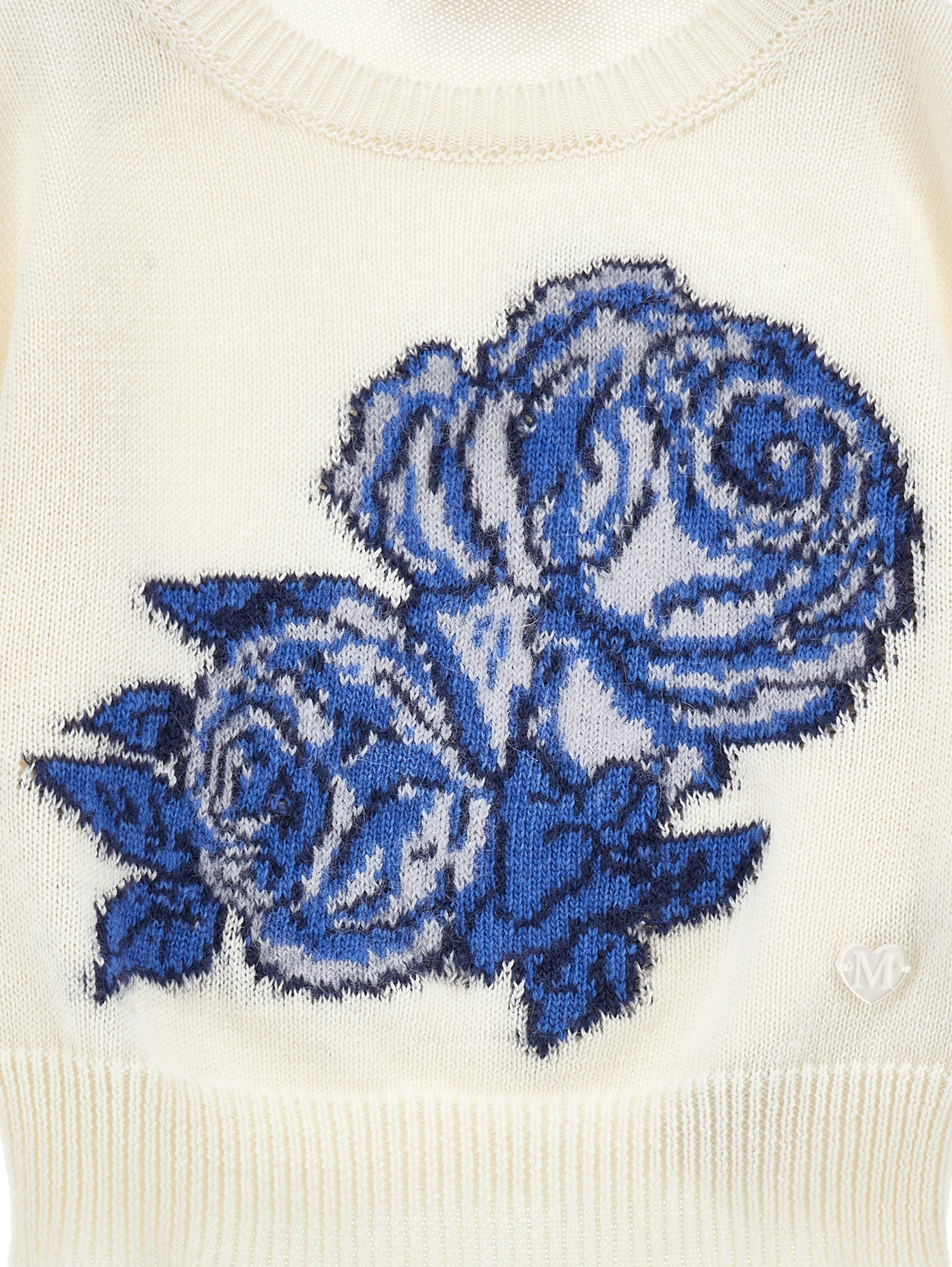 Monnalisa Cotton And Wool Sweater With Rose Inlay In Cream + Navy Blue