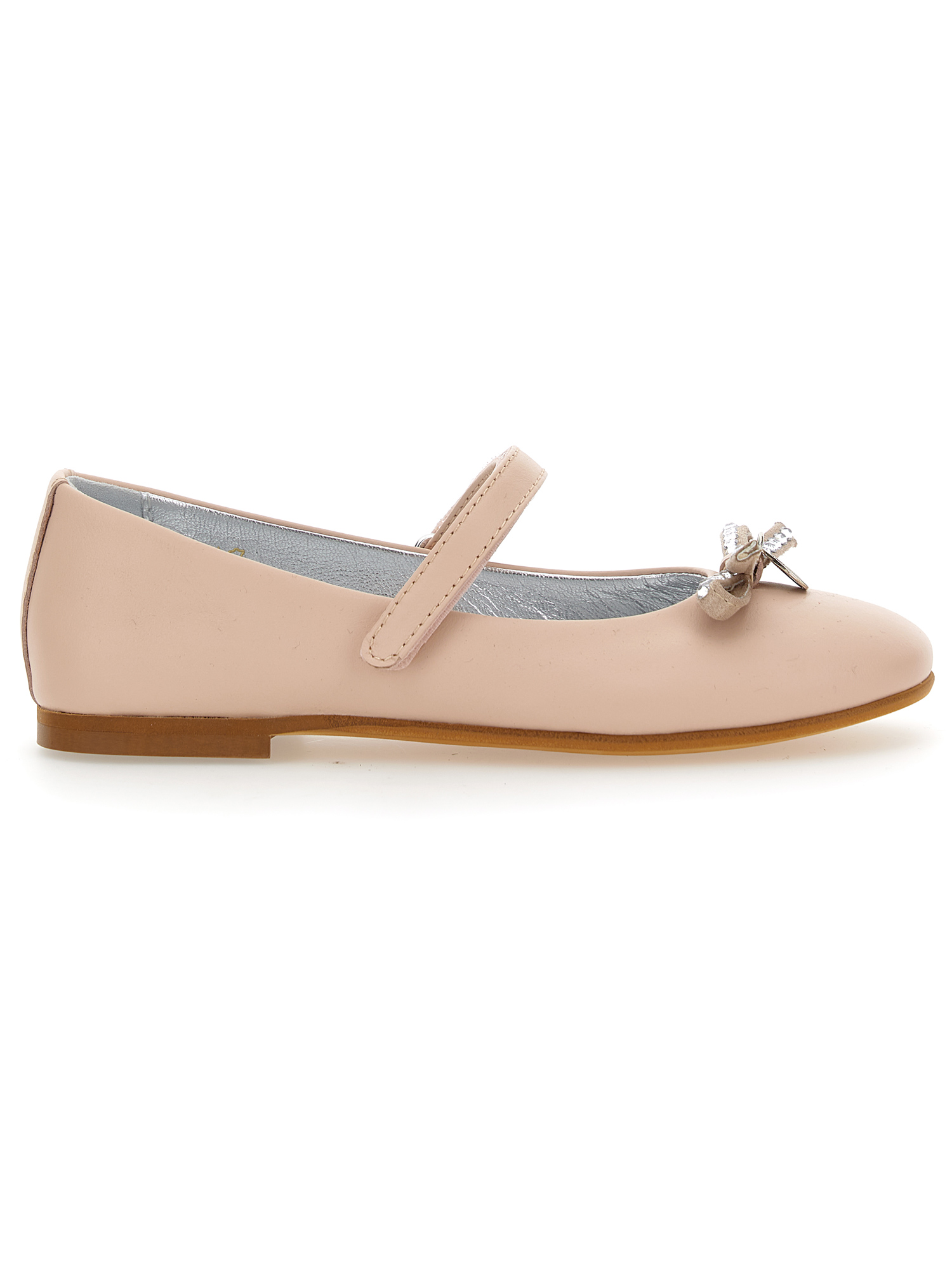 Monnalisa Leather Ballet Flats With Rhinestone Bow In Blush Pink