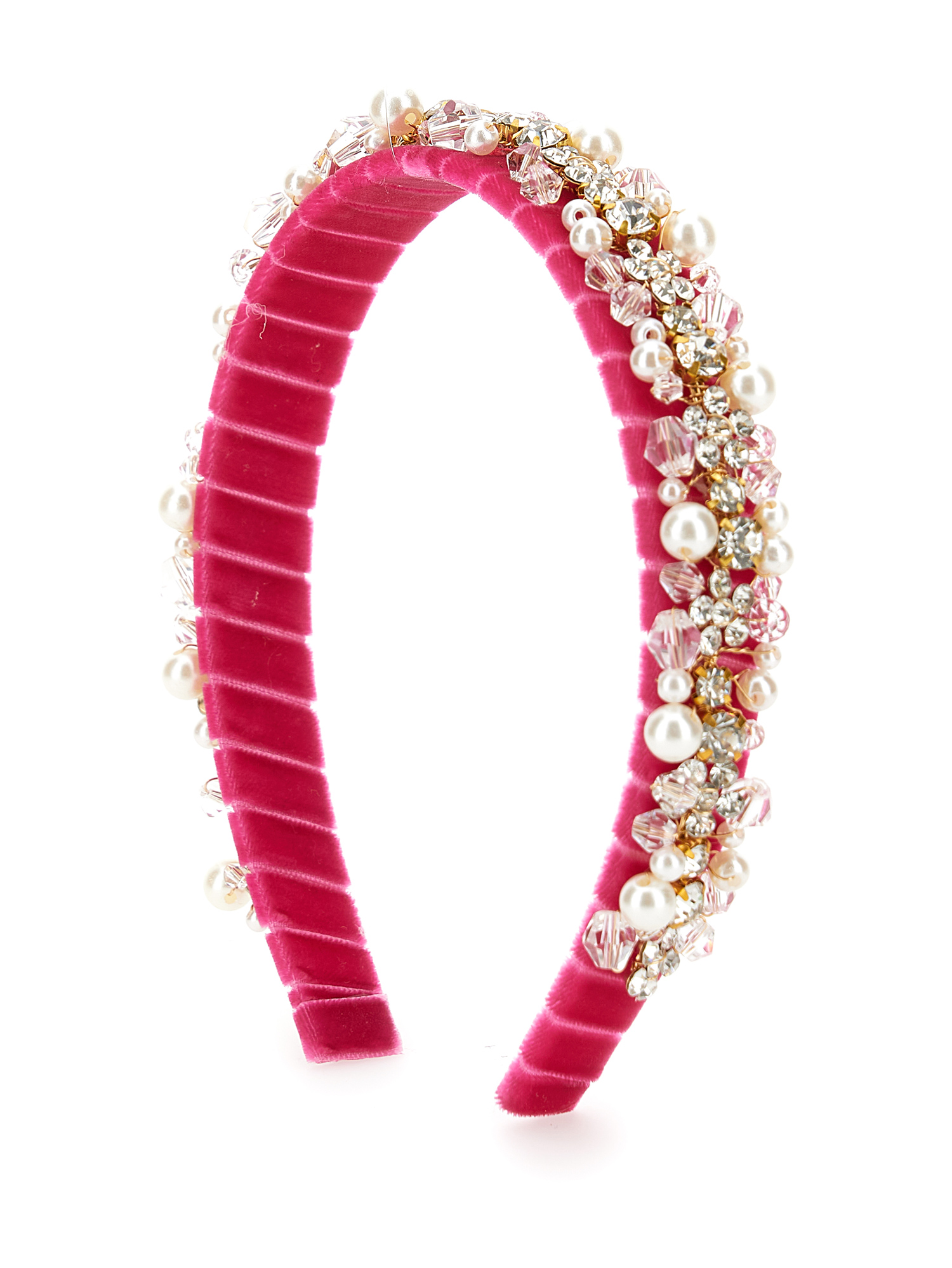 Monnalisa Velvet Headband With Rhinestones And Pearls In Fuchsia