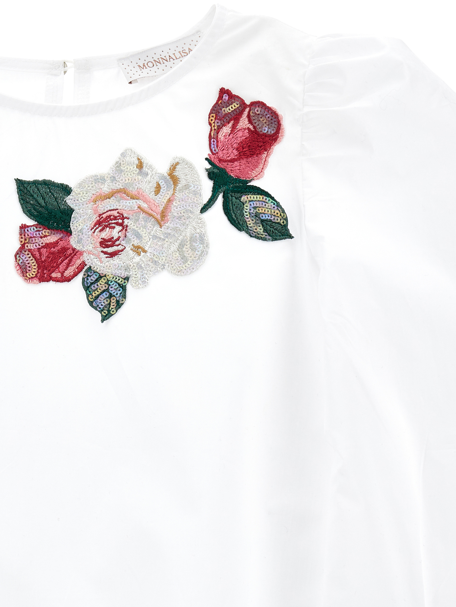 Monnalisa Poplin Blouse With Embroidered Roses In Cream