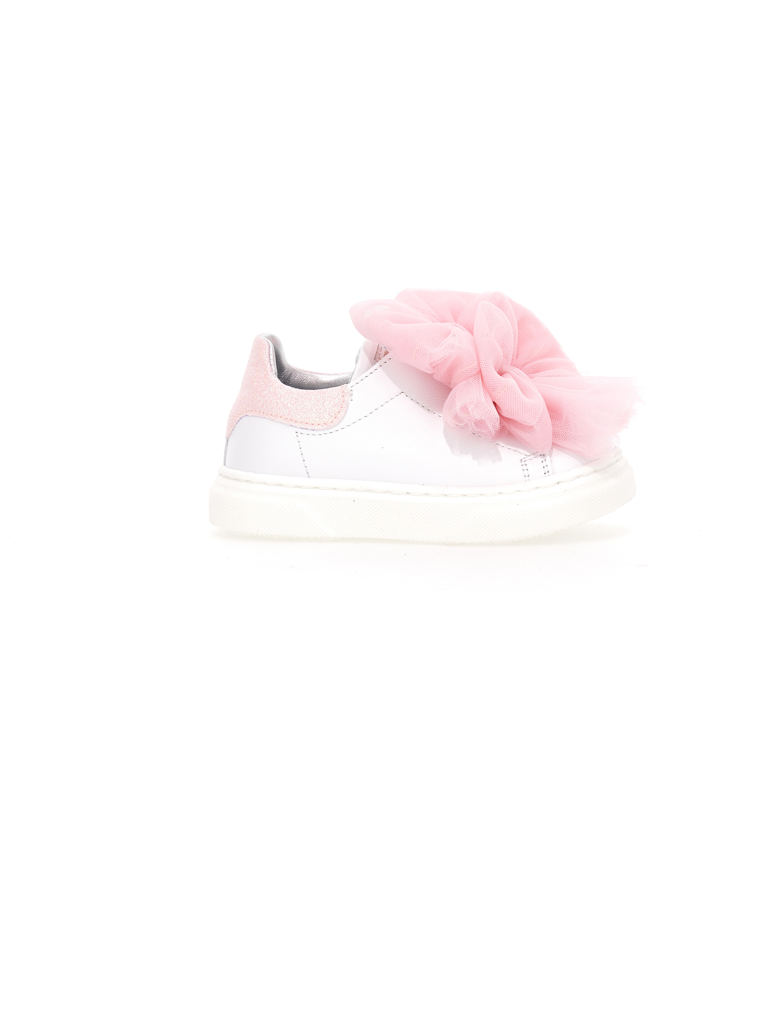 Monnalisa Leather Sneakers With Tulle Bows In Cream + Pink