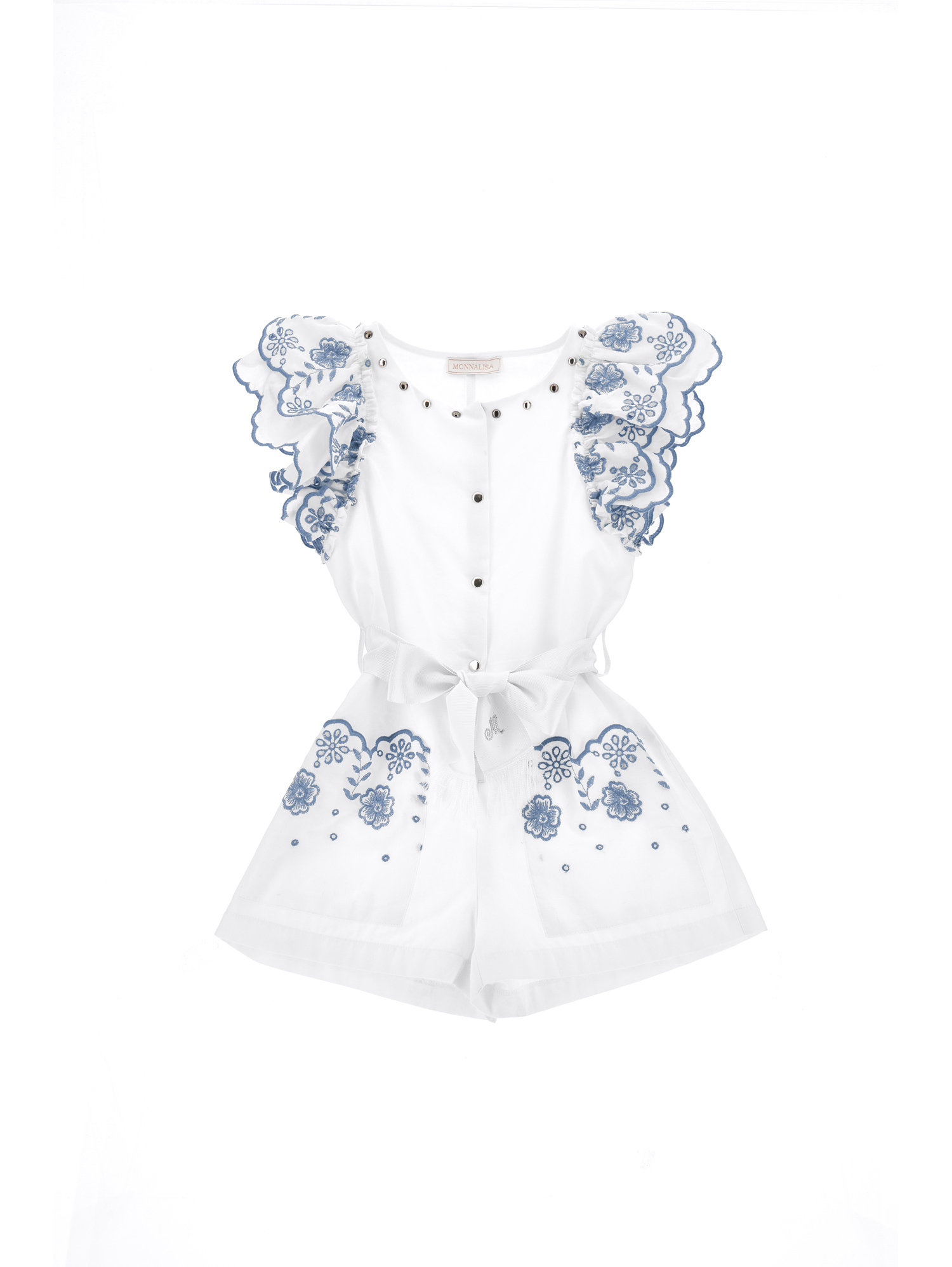 Monnalisa Kids'   Broderie Anglaise Short Playsuit In White + Steel Blue
