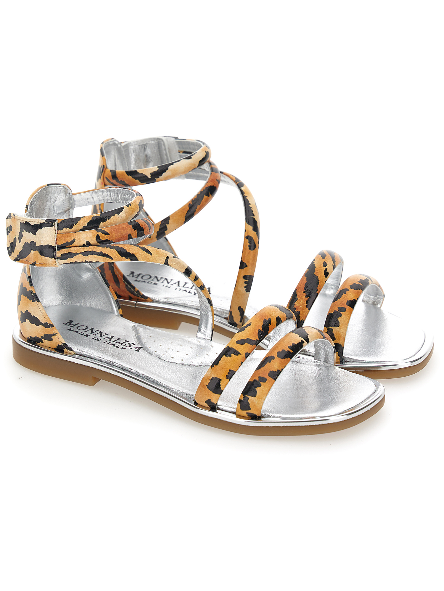 Monnalisa Tiger Print Sandals In Caramel + Black