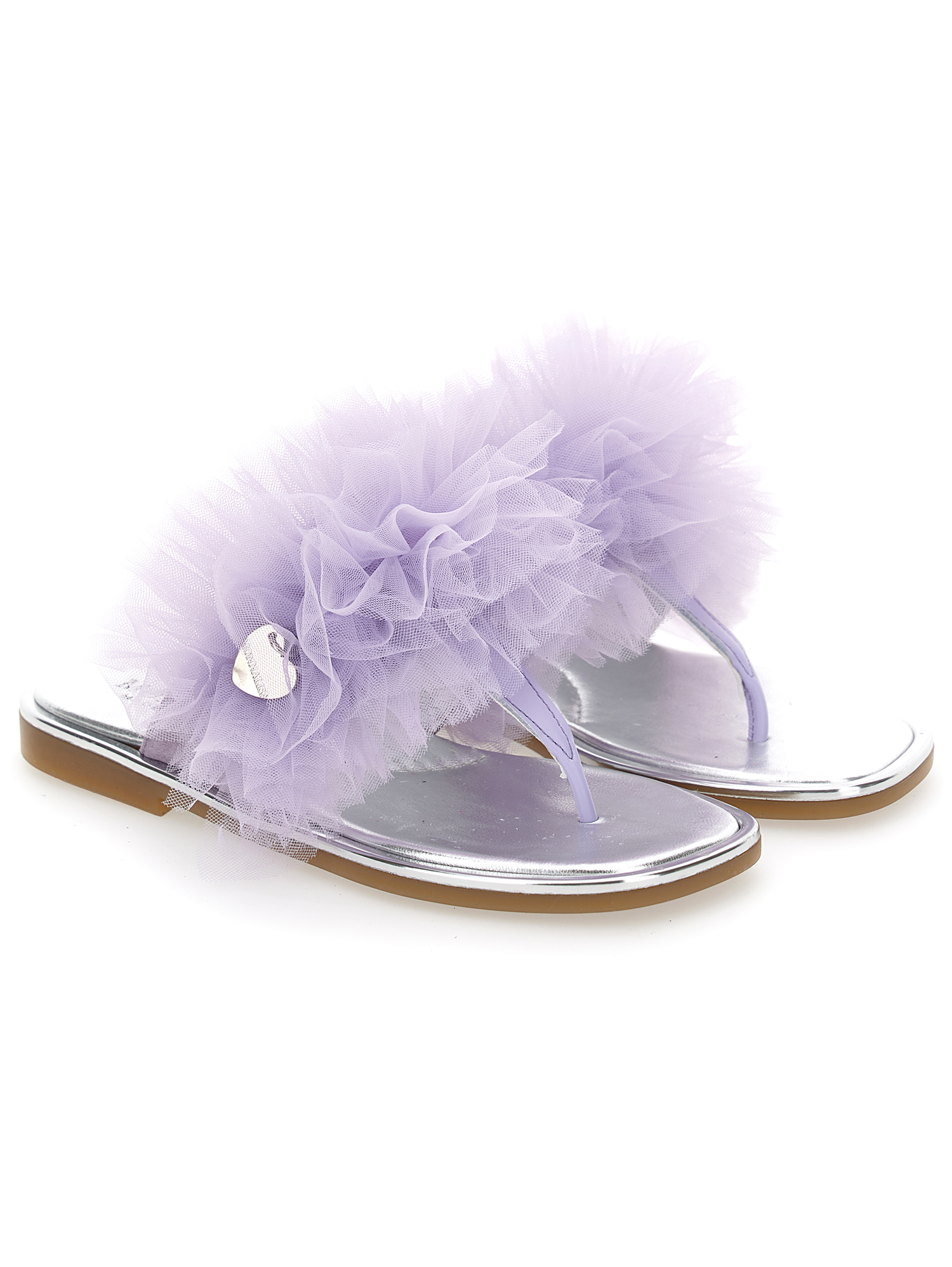 Monnalisa Nappa Leather Thong Sandals With Tulle Ruffle In Wisteria