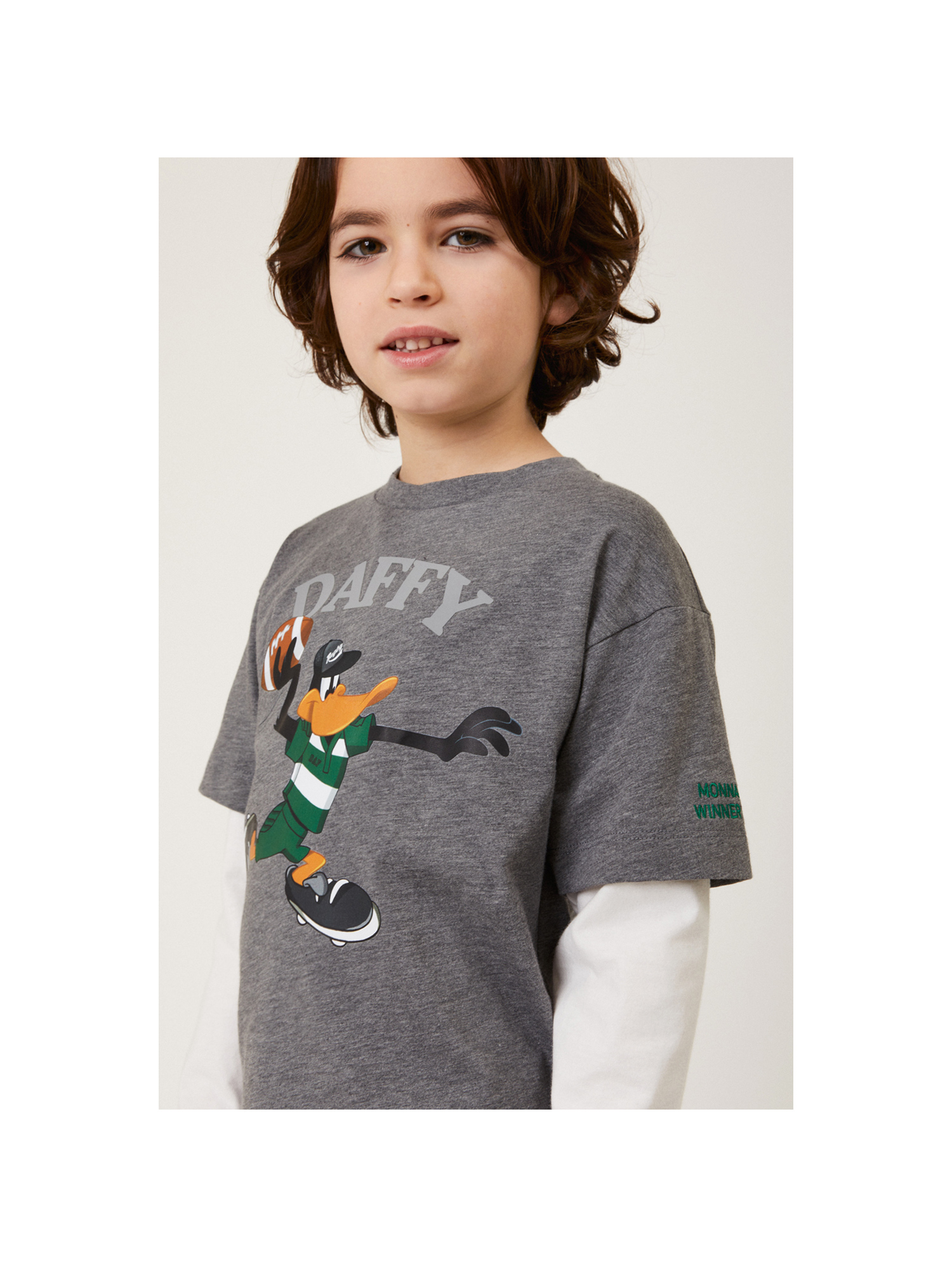 Monnalisa Daffy Duck Double Sleeve T-shirt In Medium Grey