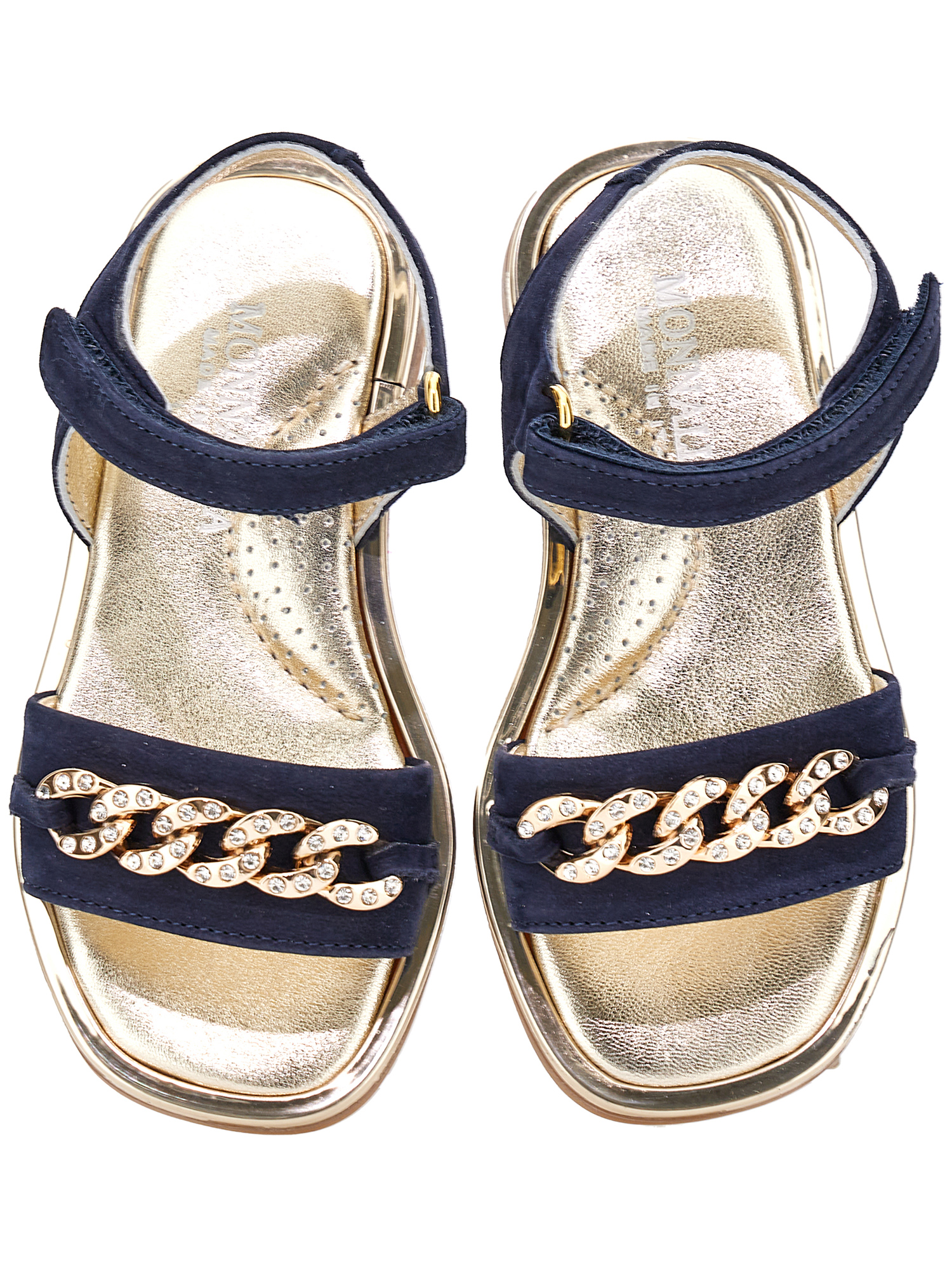 Shop Monnalisa Nappa Sandals With Rhinestone Chain In Dark Blue