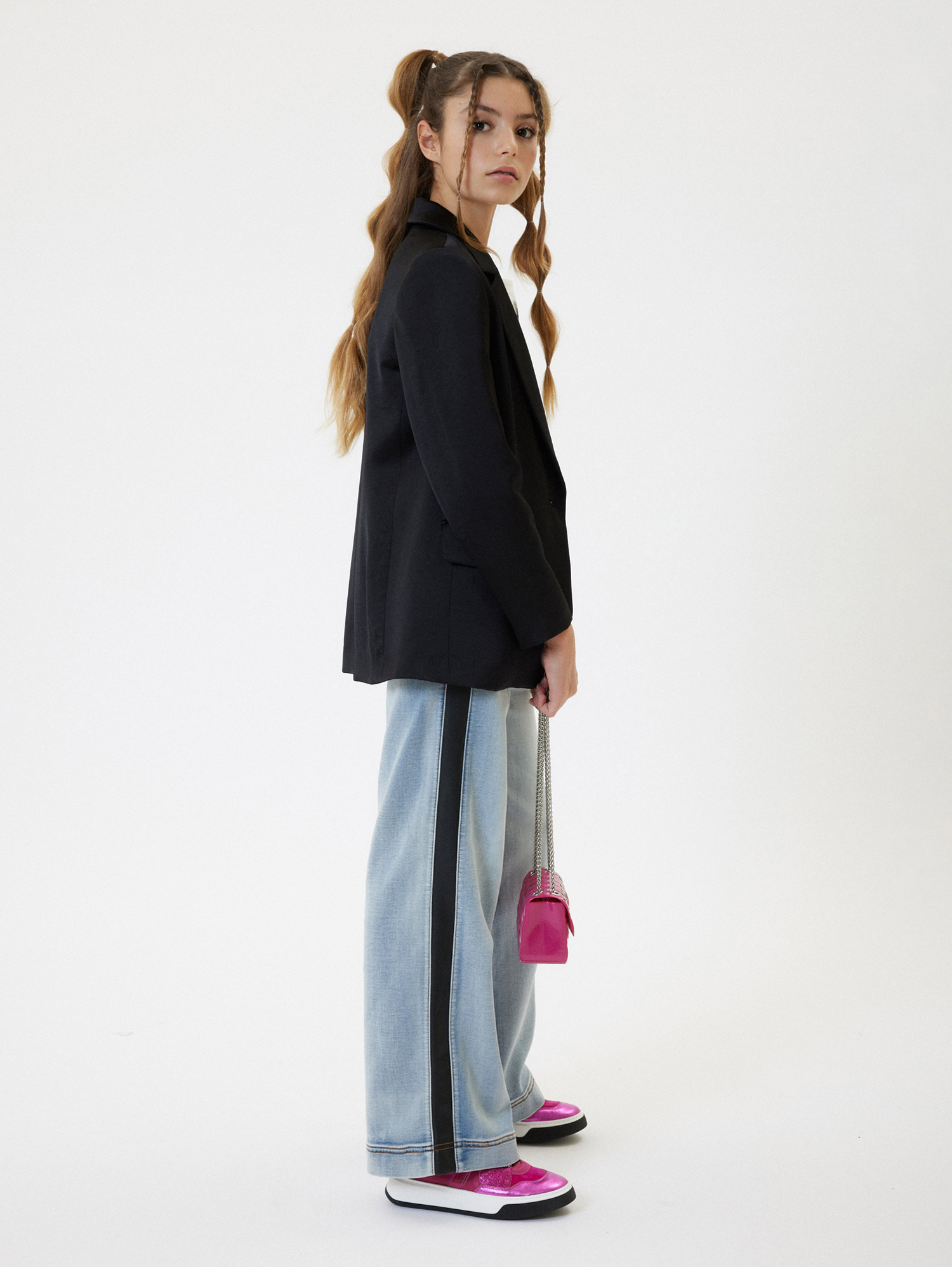 Monnalisa Denim Jeans With Side Bands In Stone Bleach