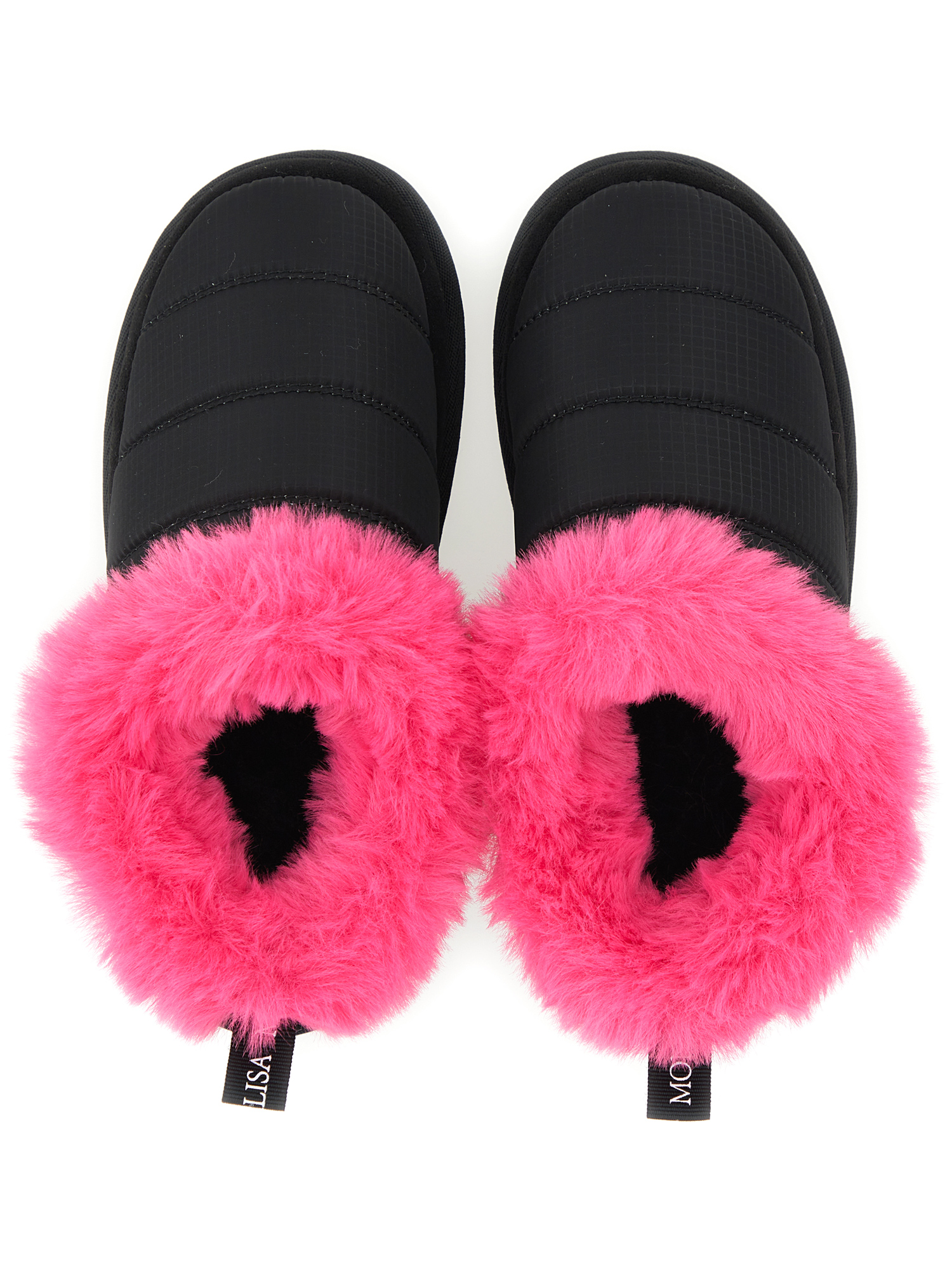 Monnalisa Technical Fabric And Plush Slip-ons In Black + Fuchsia