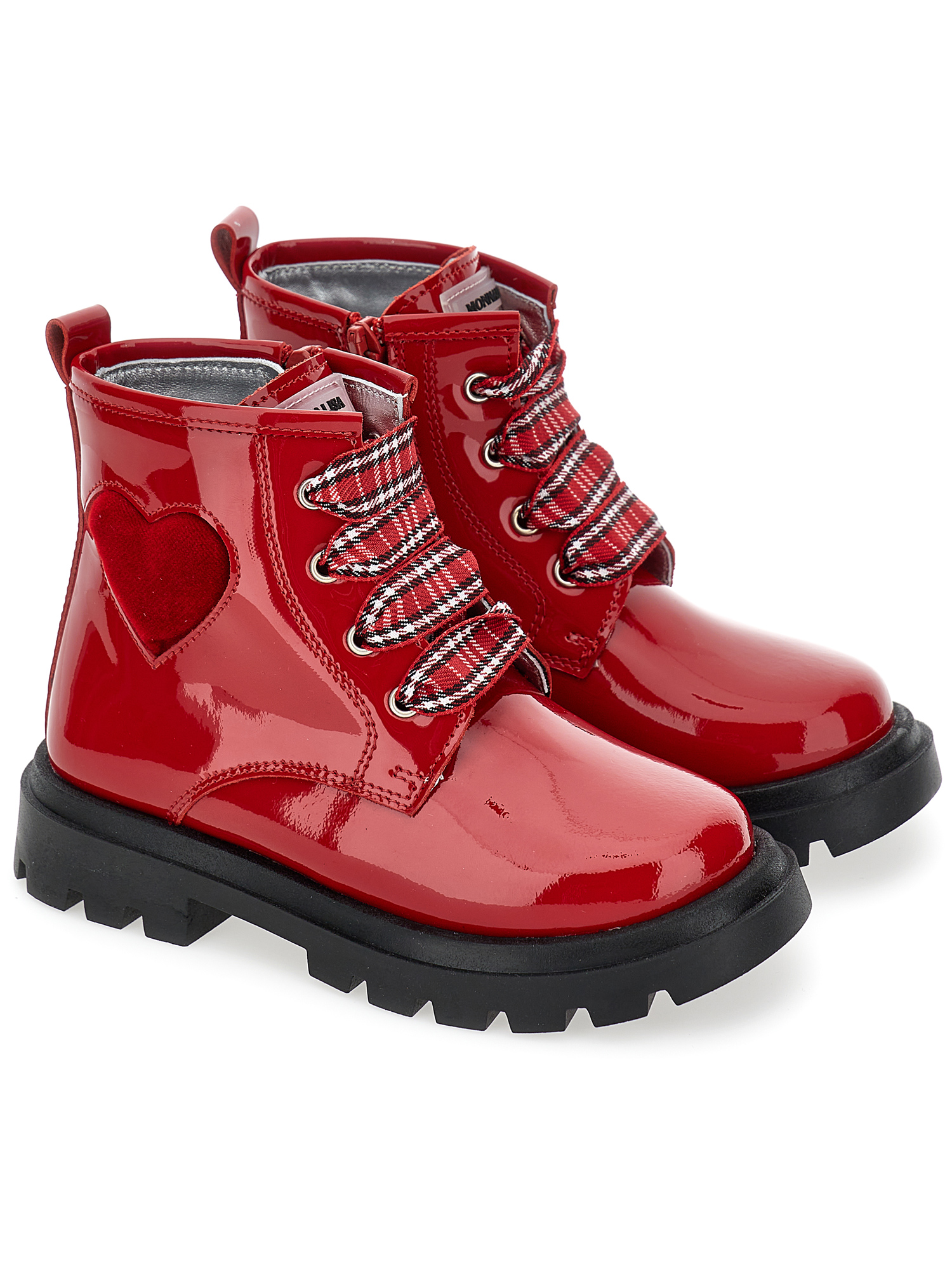 Monnalisa Patent Leather Combat Boots With Heart In Ruby Red