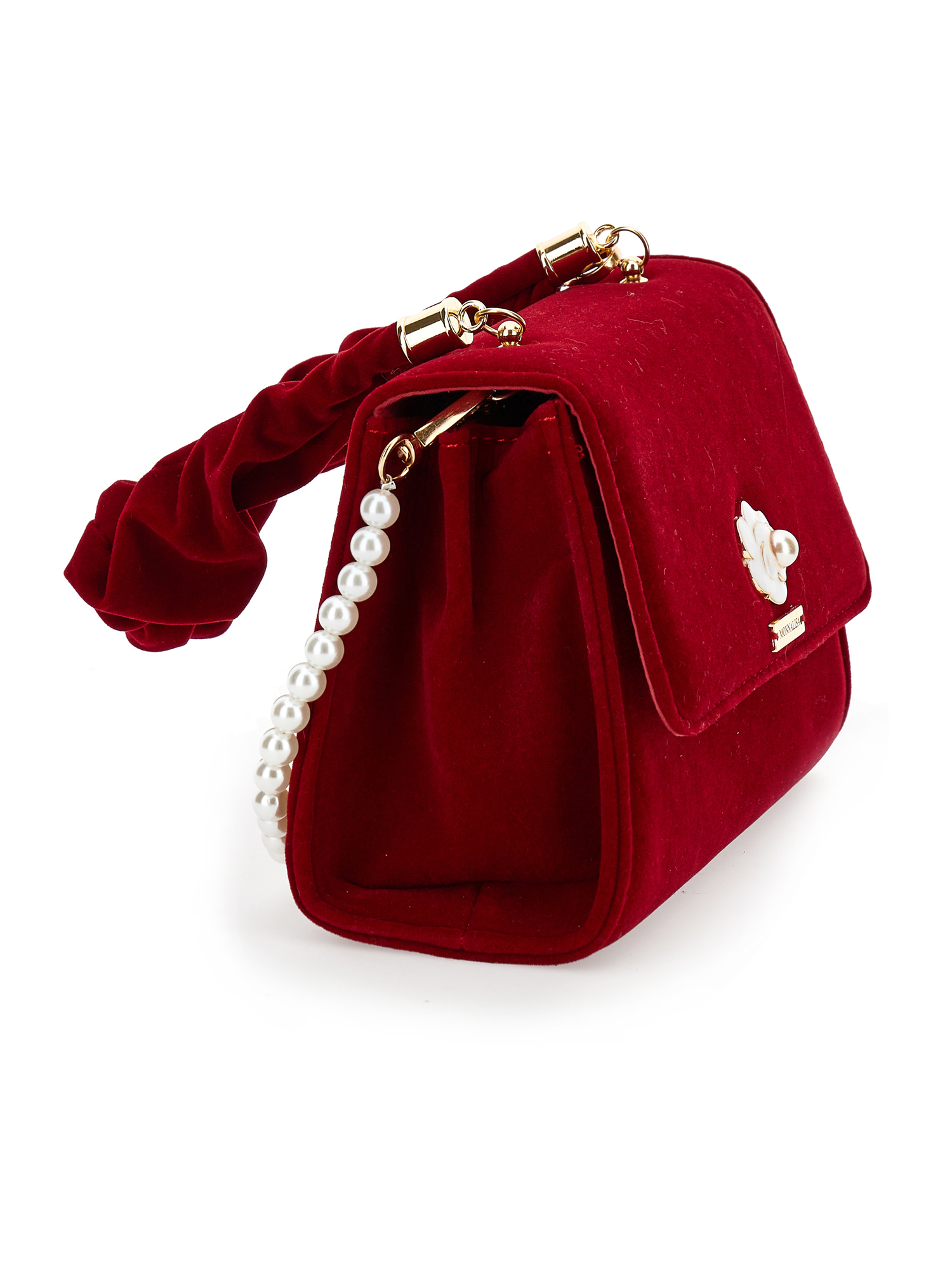 Monnalisa Velvet Bag With Pearl In Ruby Red