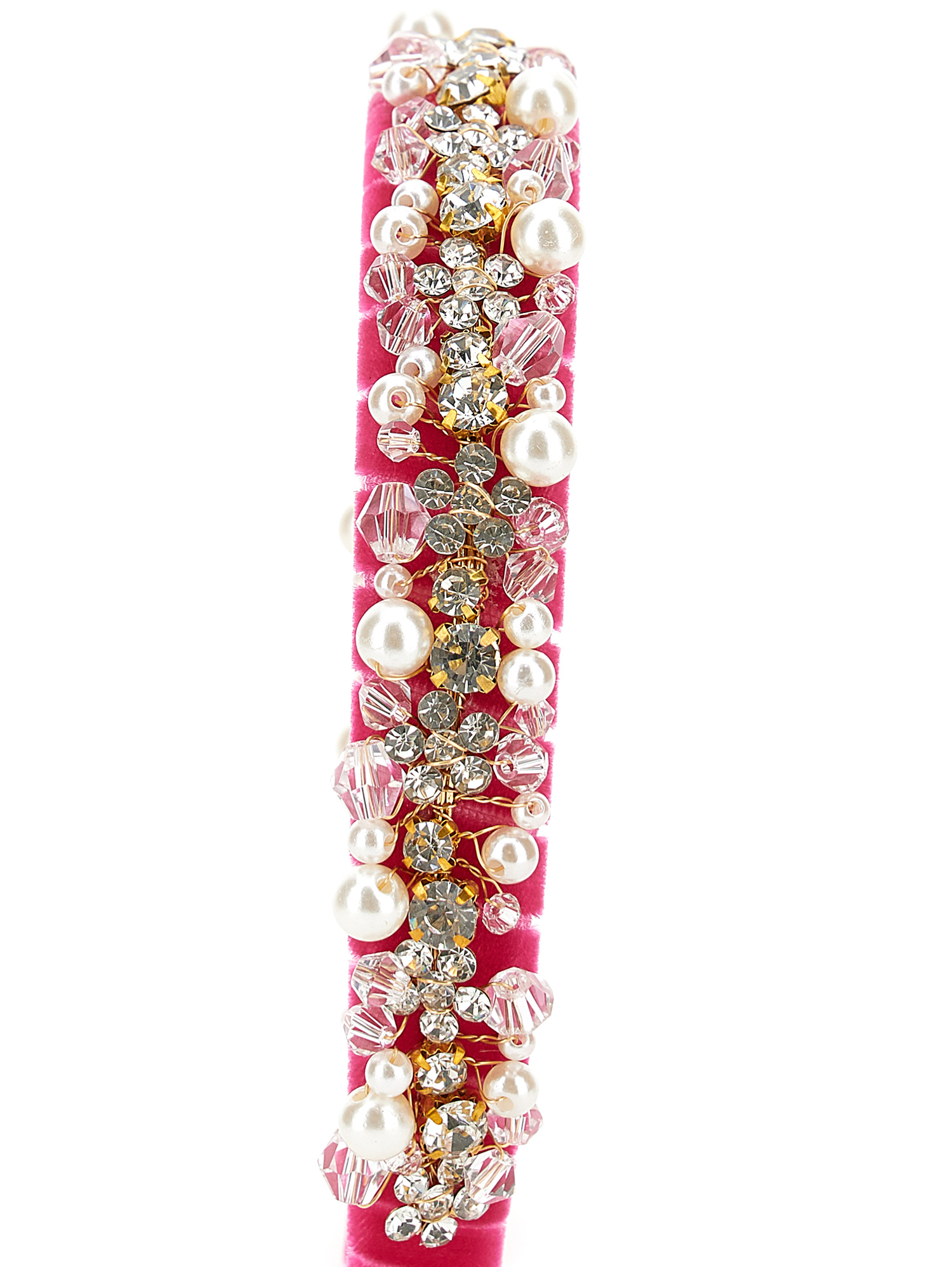 Monnalisa Velvet Headband With Rhinestones And Pearls In Fuchsia