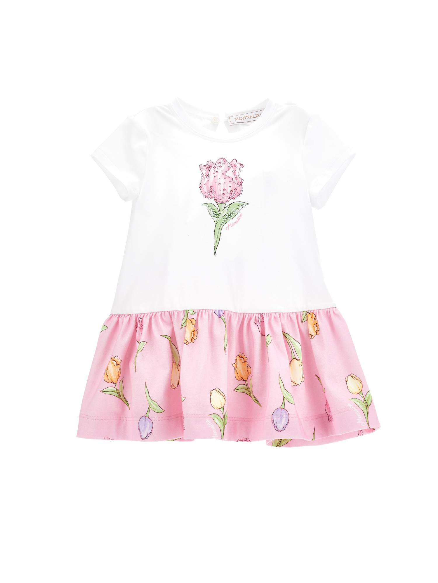 Monnalisa Two-tone Cotton Dress With Tulip Print In White + Rosa Fairytale