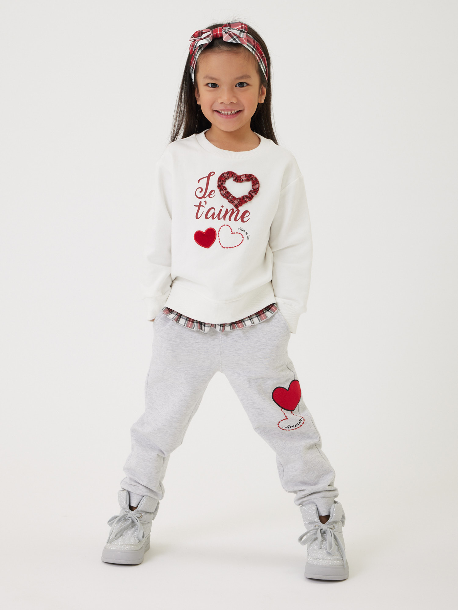 Monnalisa Heart Fleece Joggers In Pearl Grey