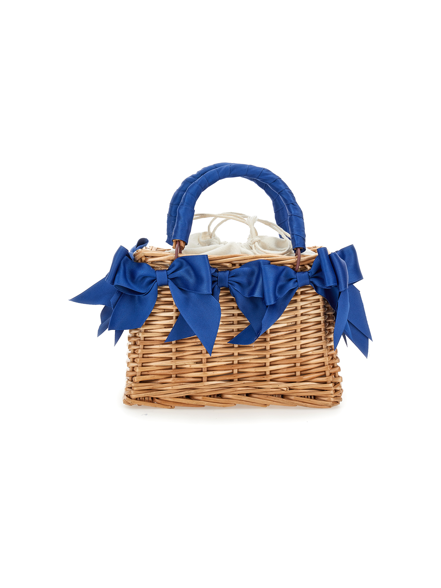 Monnalisa Wicker Bag With Satin Bows In Navy Blue