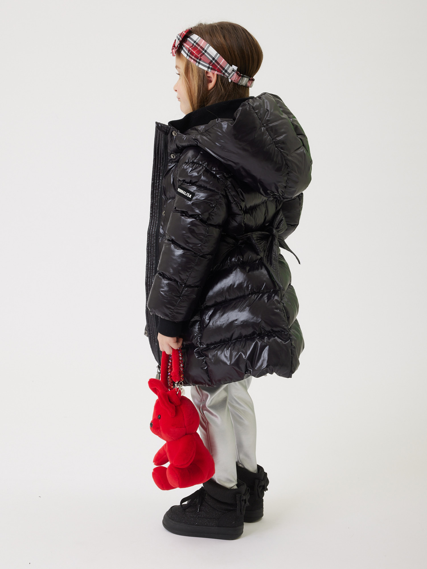 Monnalisa Padded Coat With Ribbon Belt In Black
