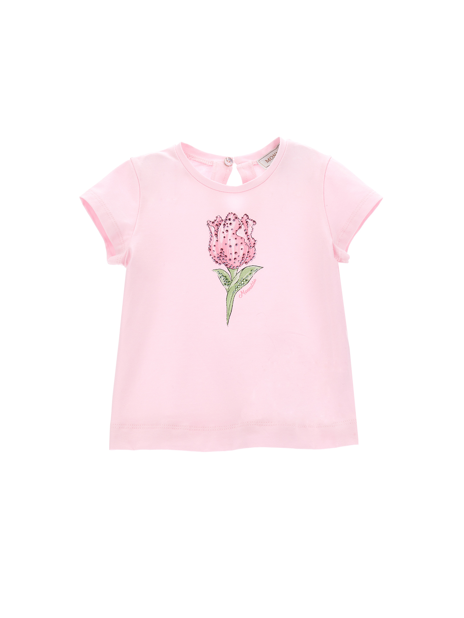 Monnalisa Tulip Print Cotton T-shirt With Rhinestones In Rosa Fairy Tale