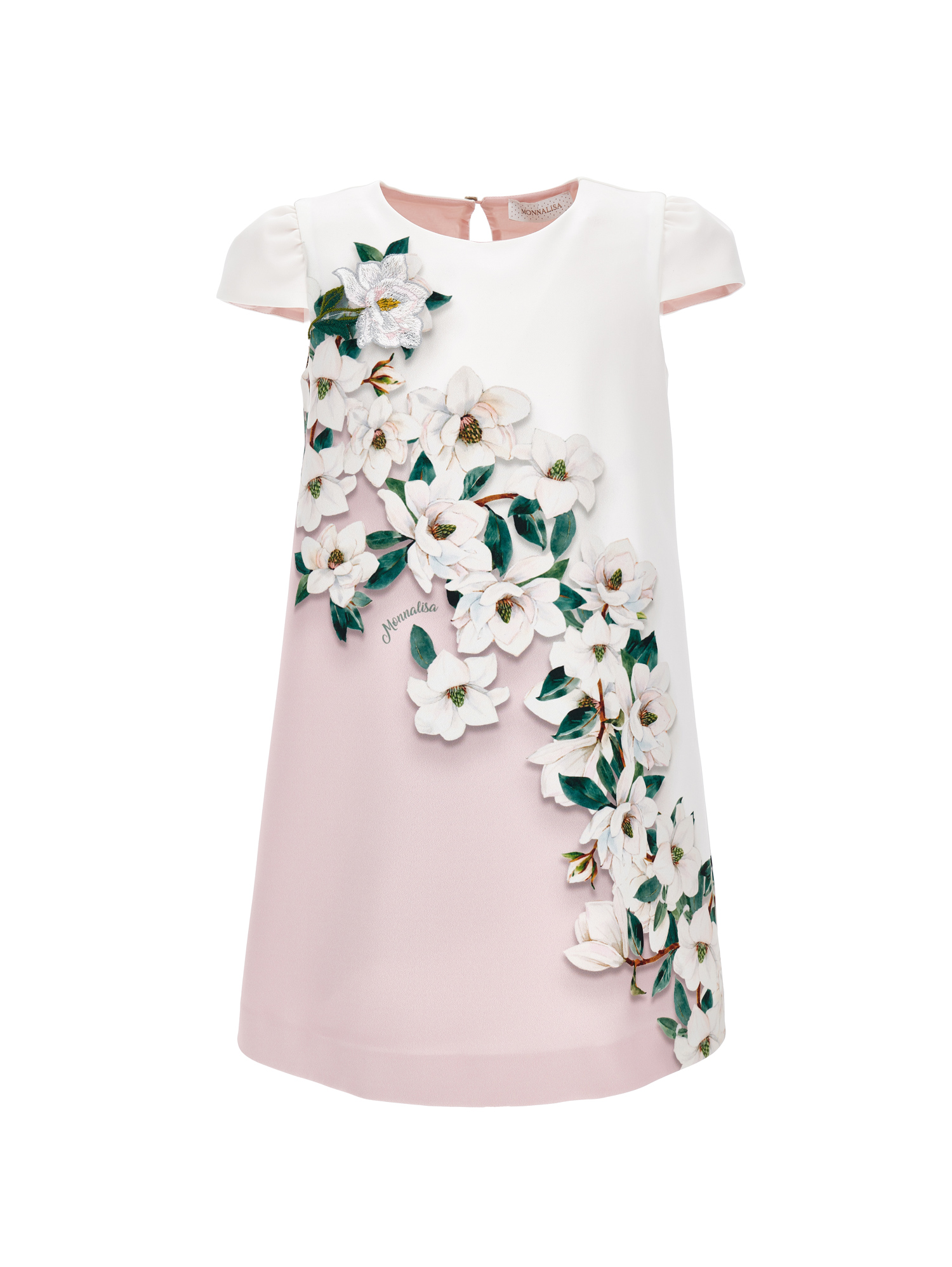 Monnalisa Kids'   Magnolia Crepe Dress In Cream + Pink