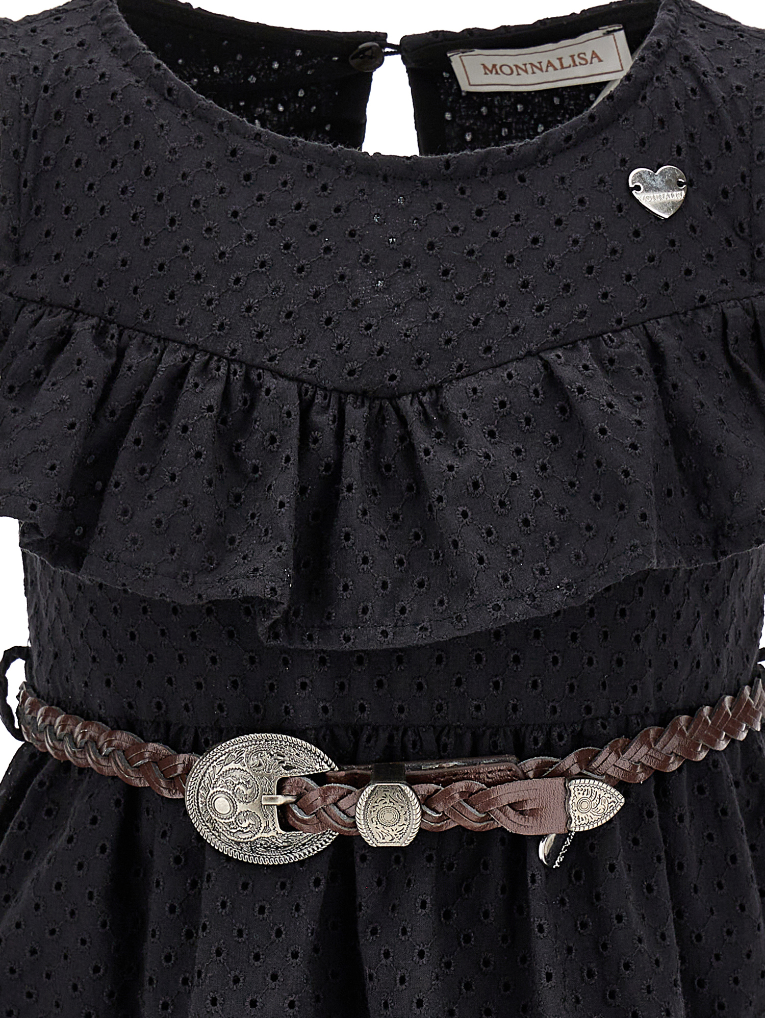 Shop Monnalisa Broderie Anglaise Dress With Woven Belt In Black