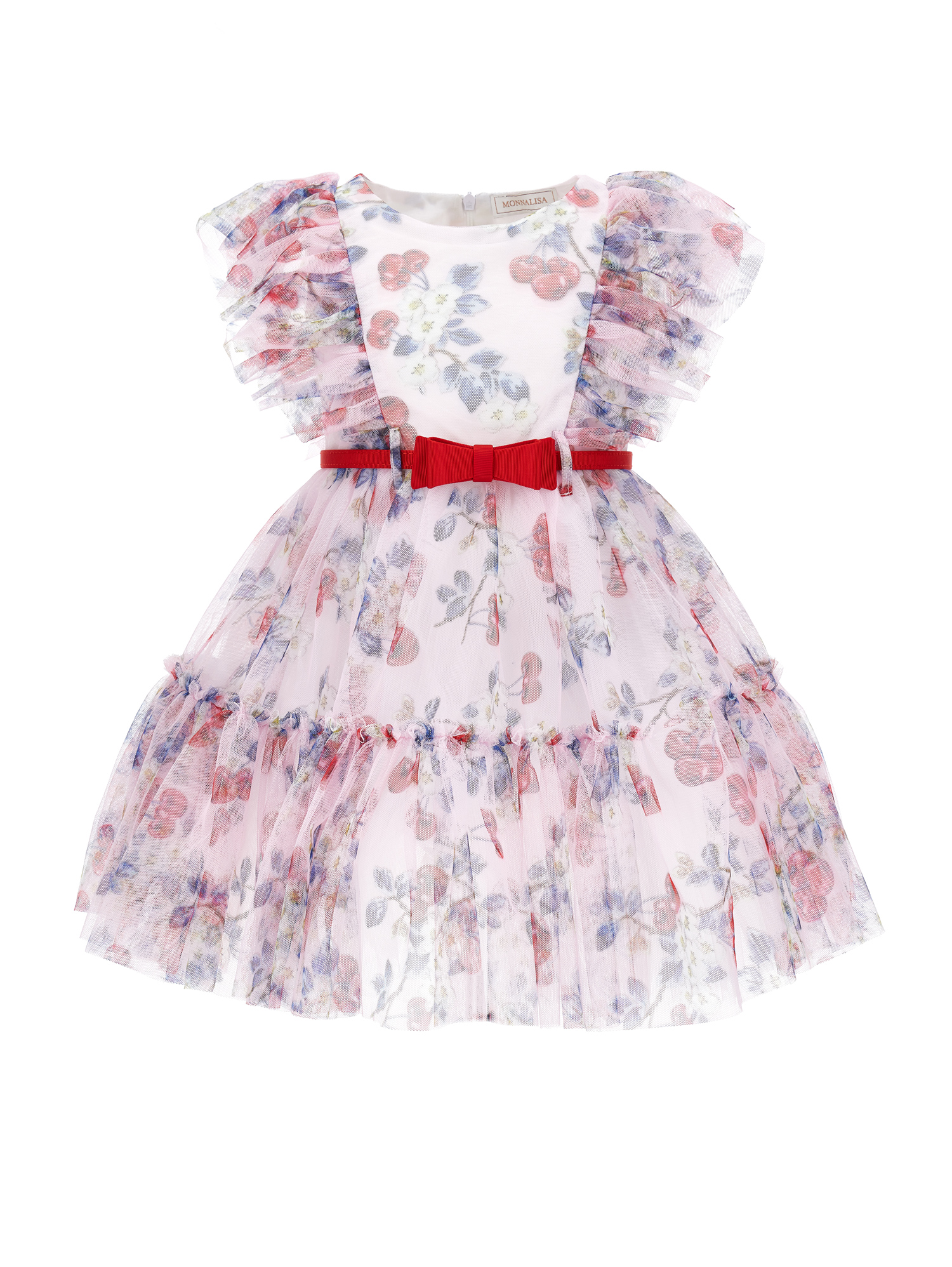 Monnalisa Kids'   Cherry Print Tulle Dress In Rosa Fairy Tale