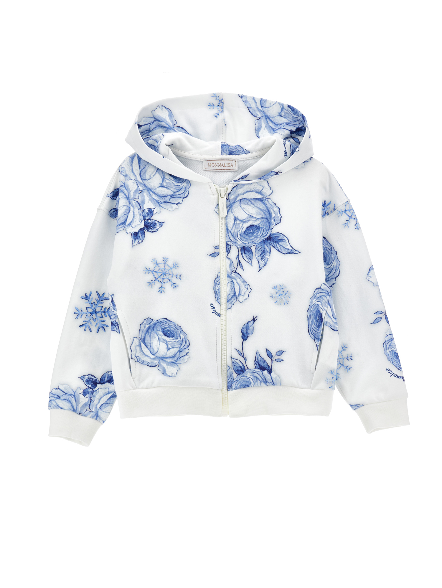 Monnalisa Ice Rose Zip-up Hoodie In Cream + Navy Blue