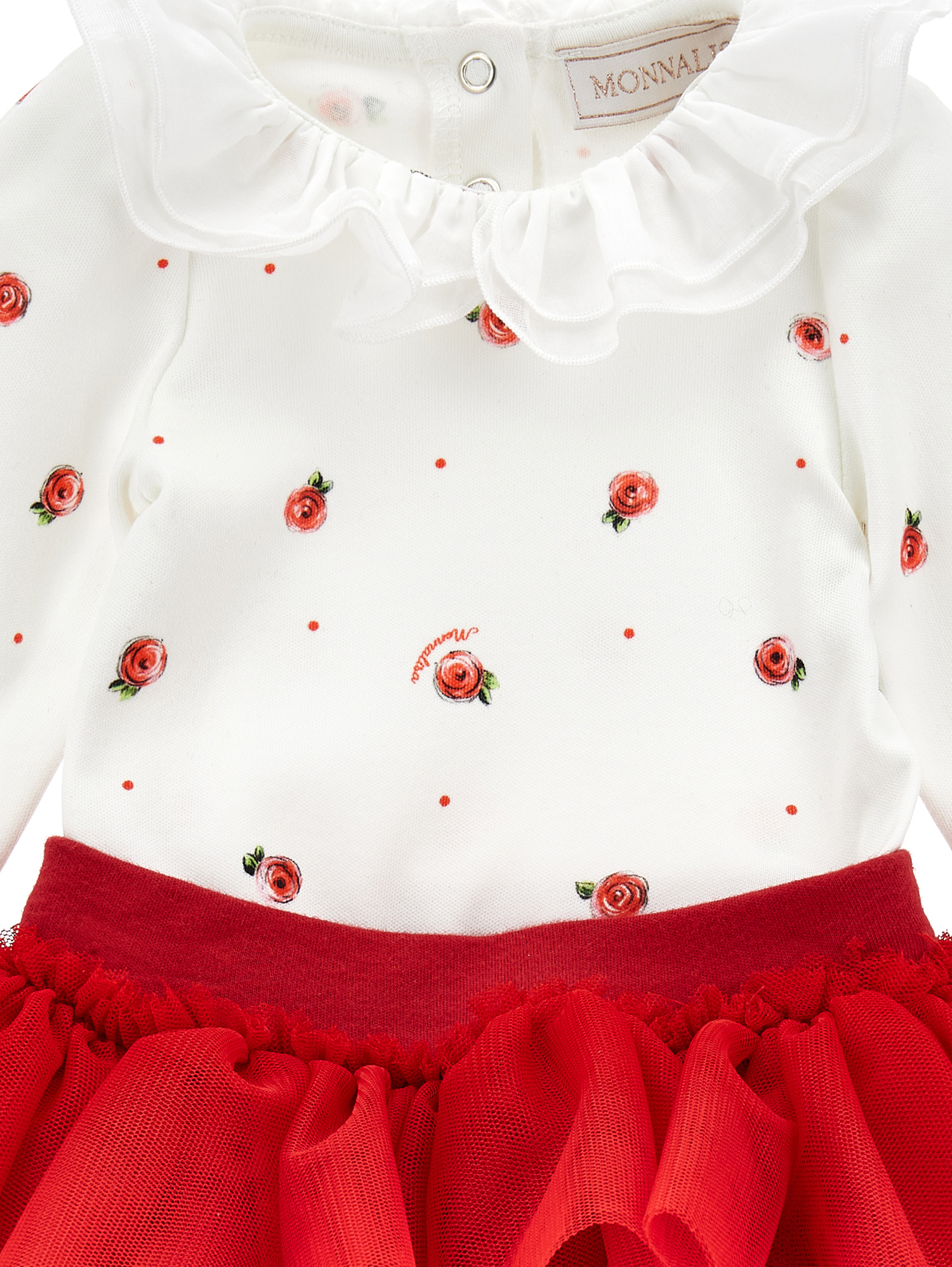 Monnalisa Two-piece Cotton And Tulle Set In Cream + Ruby Red