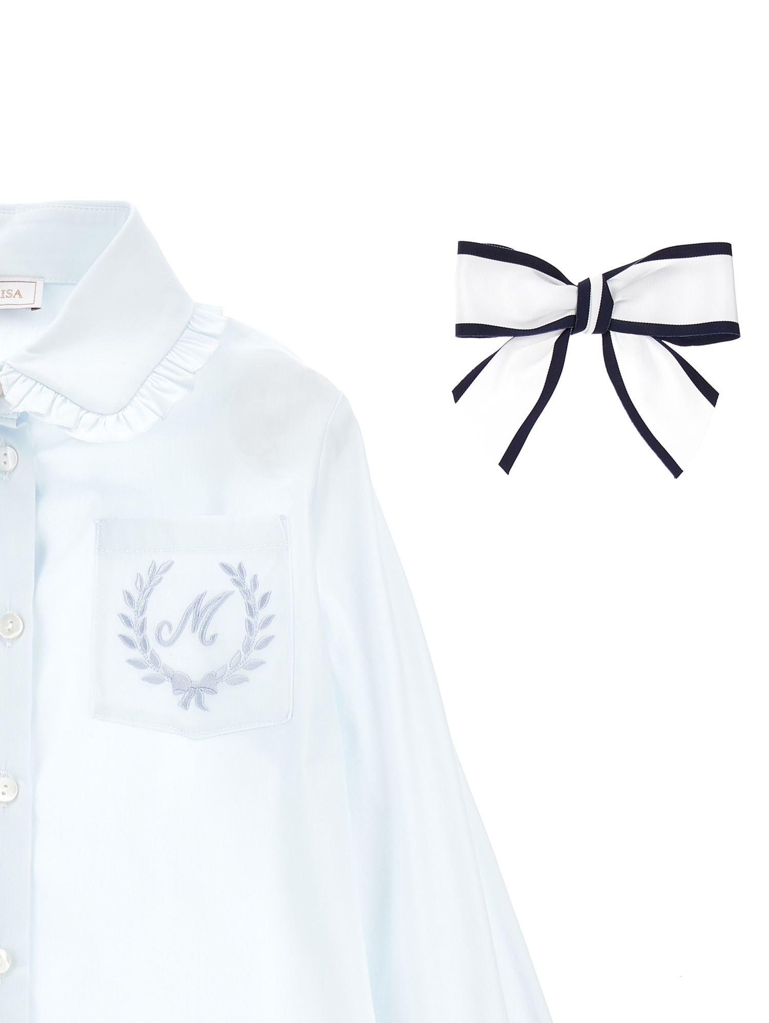 Monnalisa Stretch Shirt With Bow In Light Blue + Blue