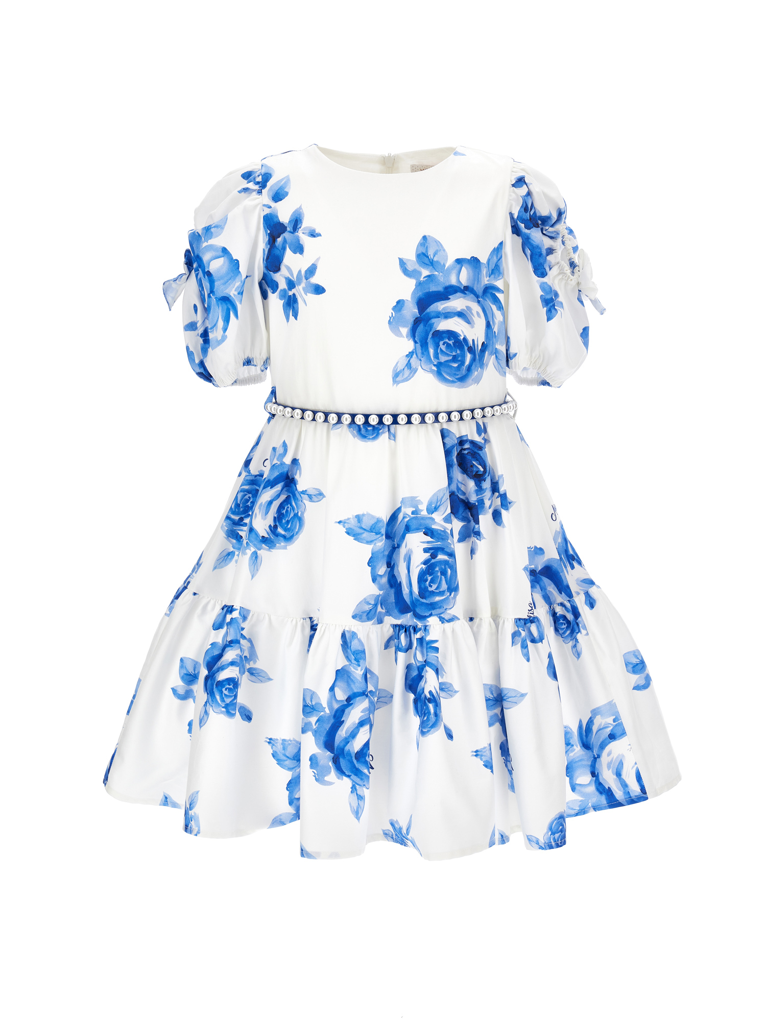 Monnalisa Kids'   Rose Print Cotton Dress In Cream + Electric Blue