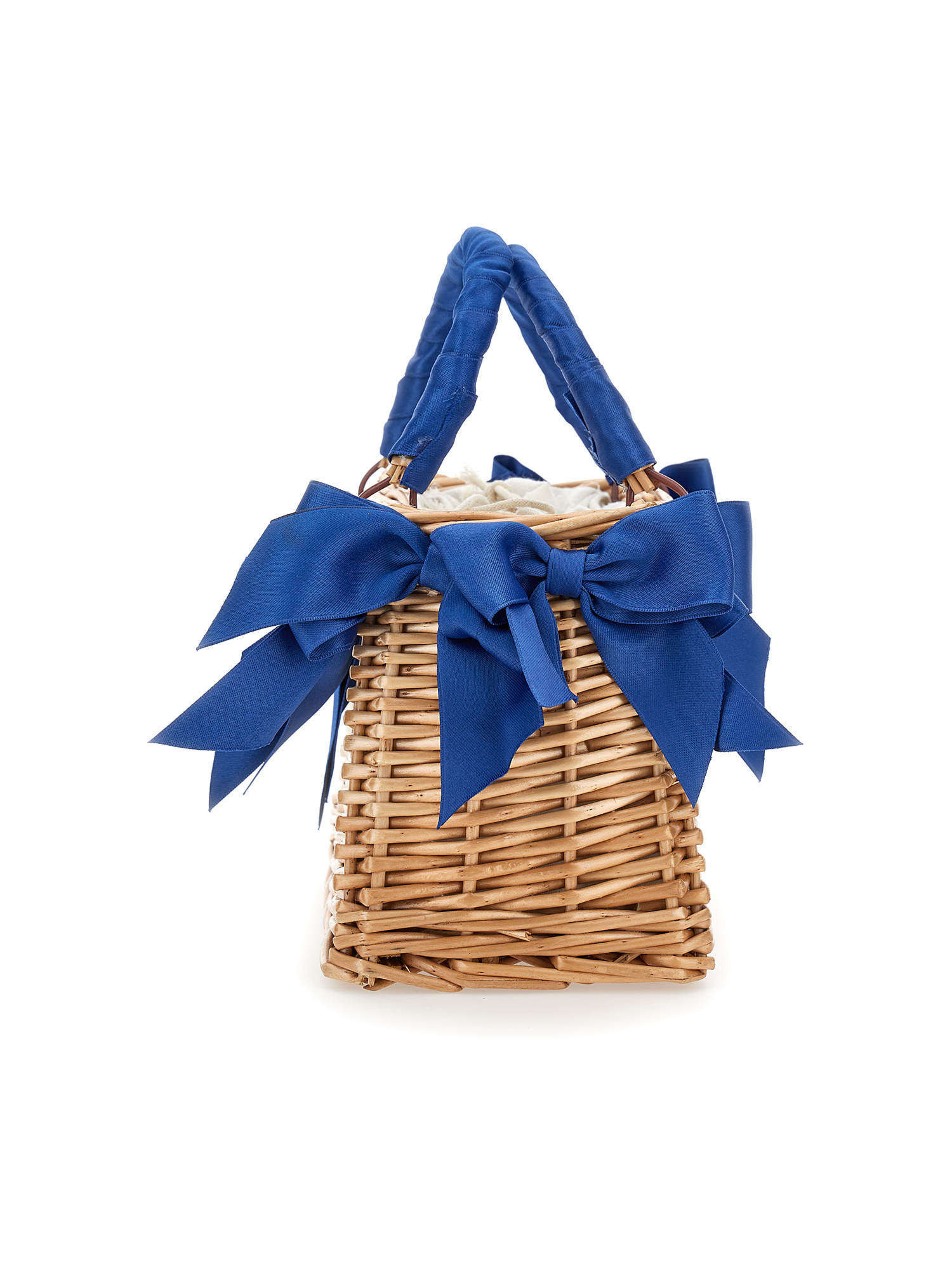 Monnalisa Wicker Bag With Satin Bows In Navy Blue