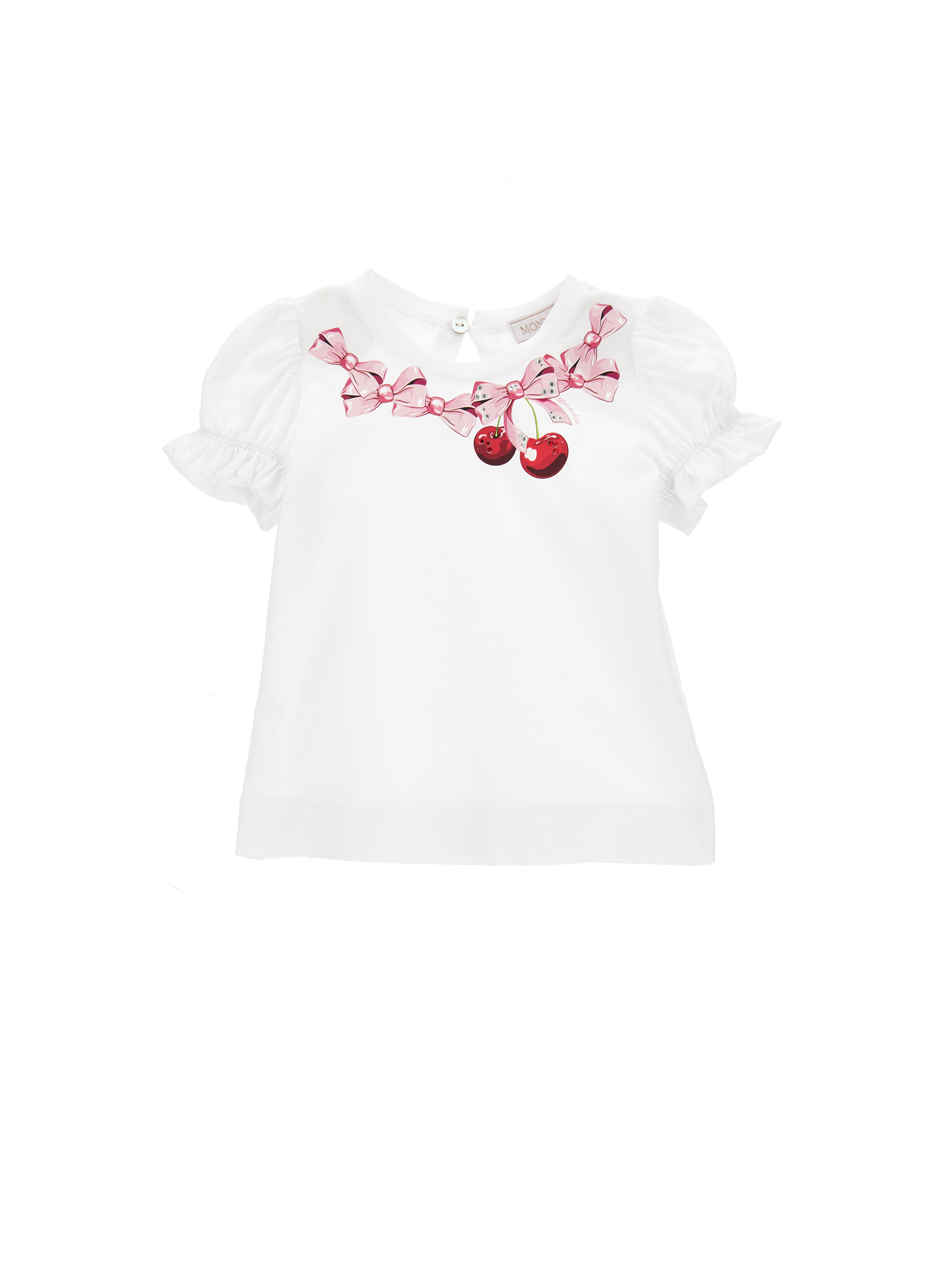 Monnalisa Bow Print Jersey T-shirt In White + Rosa Fairytale