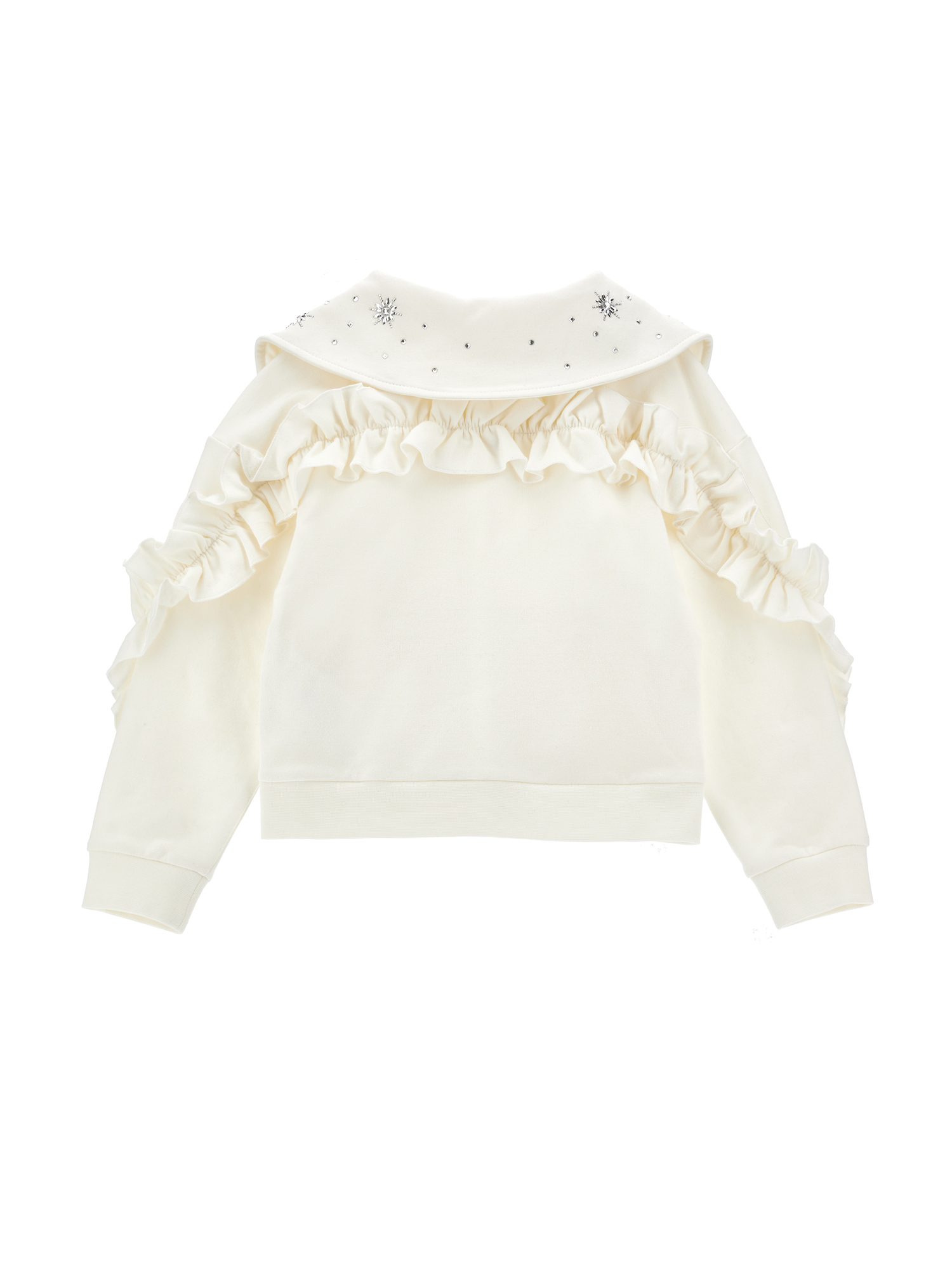 Monnalisa Zip-up Sweatshirt With Crystals And Ruffles In Cream