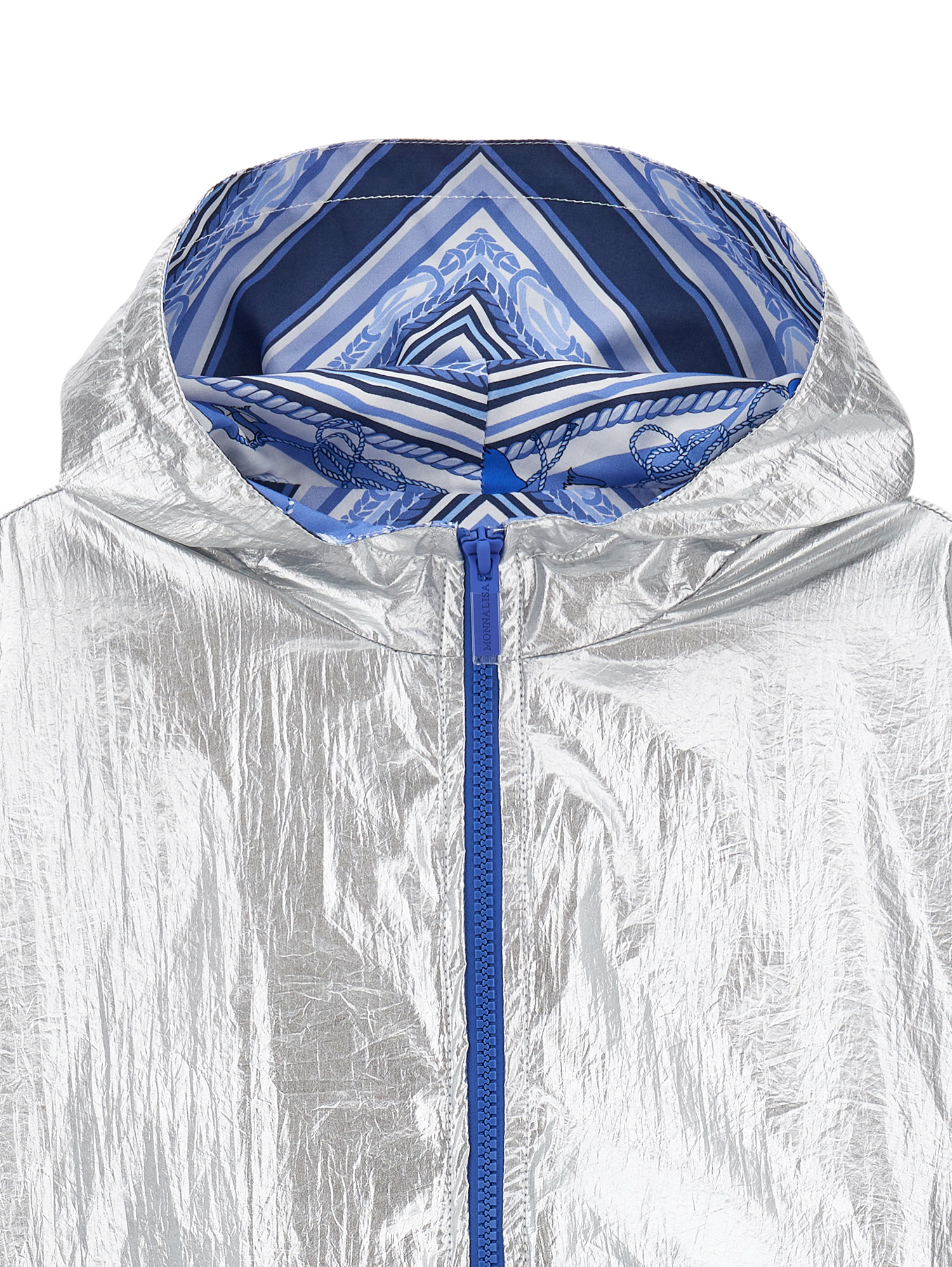 Monnalisa Laminated Technical Fabric Windproof Jacket In Silver + Blue