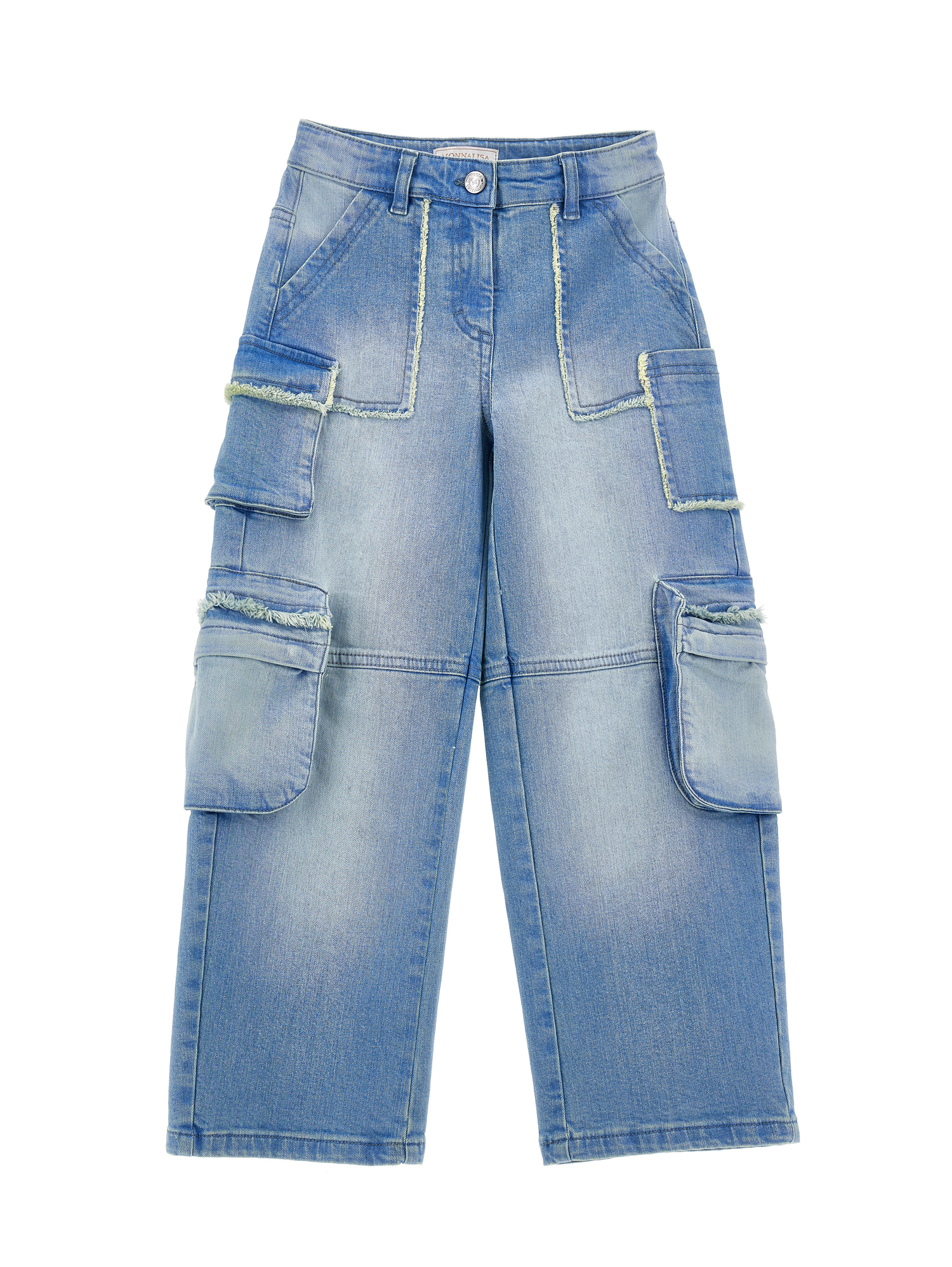Monnalisa Frayed Cargo Denim Jeans In Stone Bleach