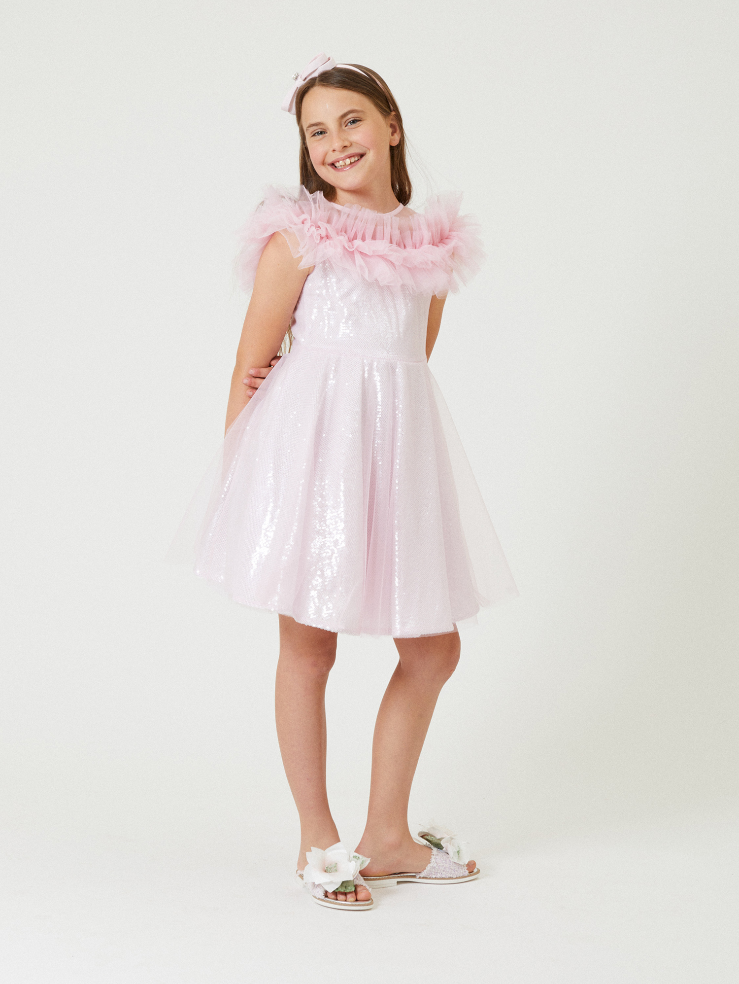 Shop Monnalisa Sequinned Dress With Micro-flounces In Pink