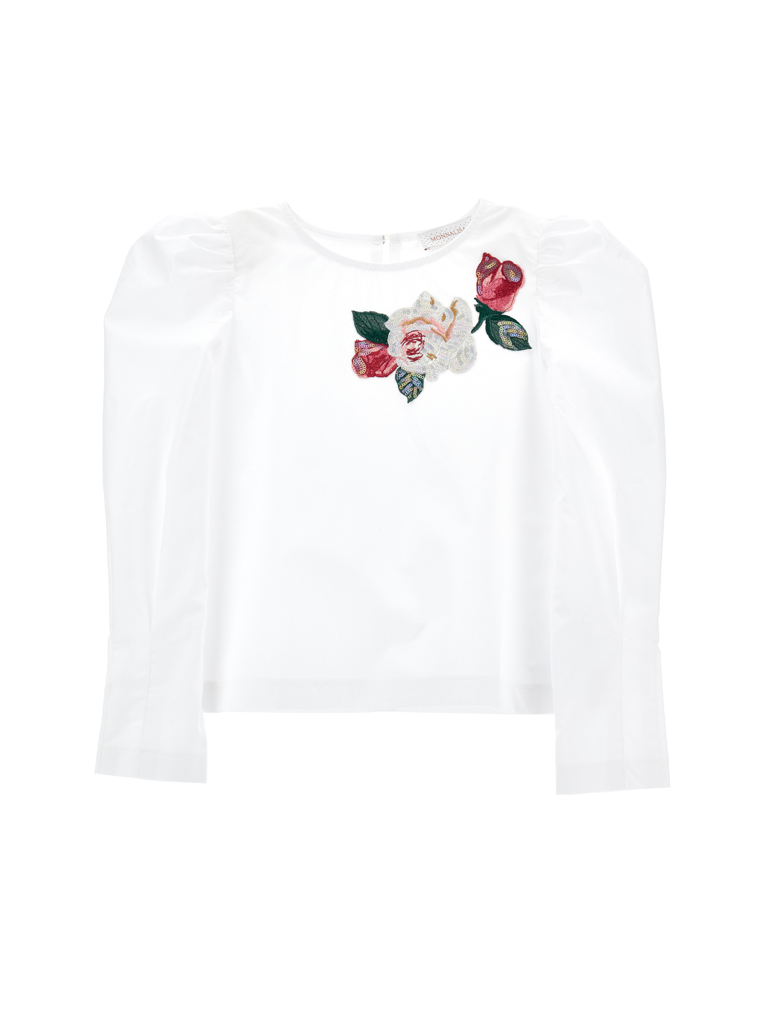 Monnalisa Poplin Blouse With Embroidered Roses In Cream