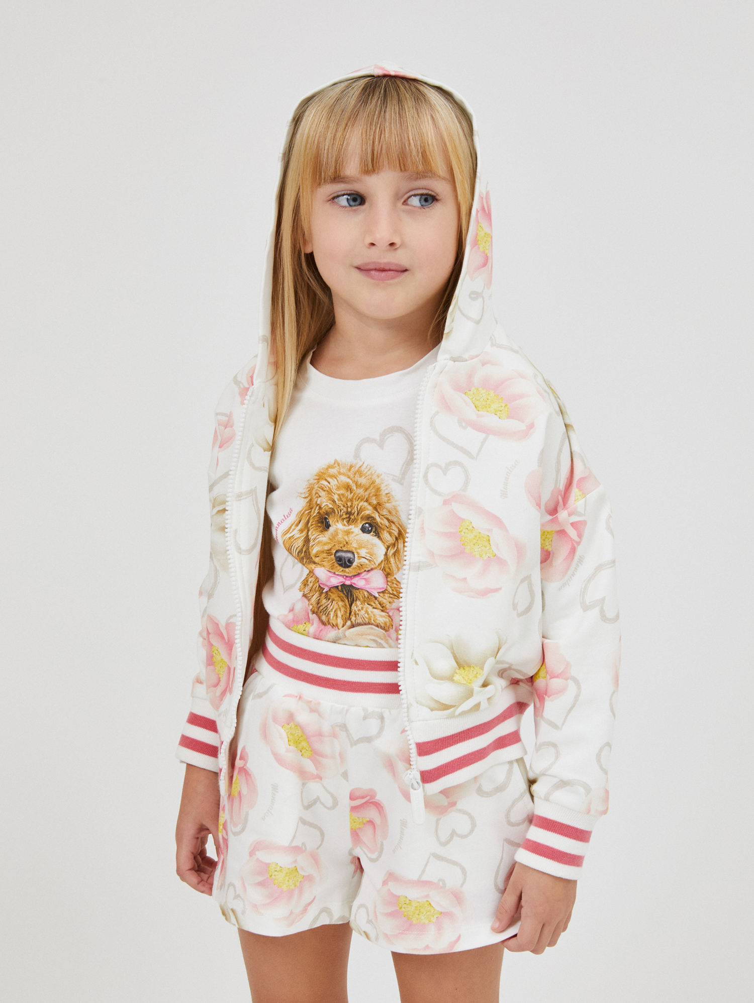 Monnalisa Anemone Print Fleece Shorts In Ecru