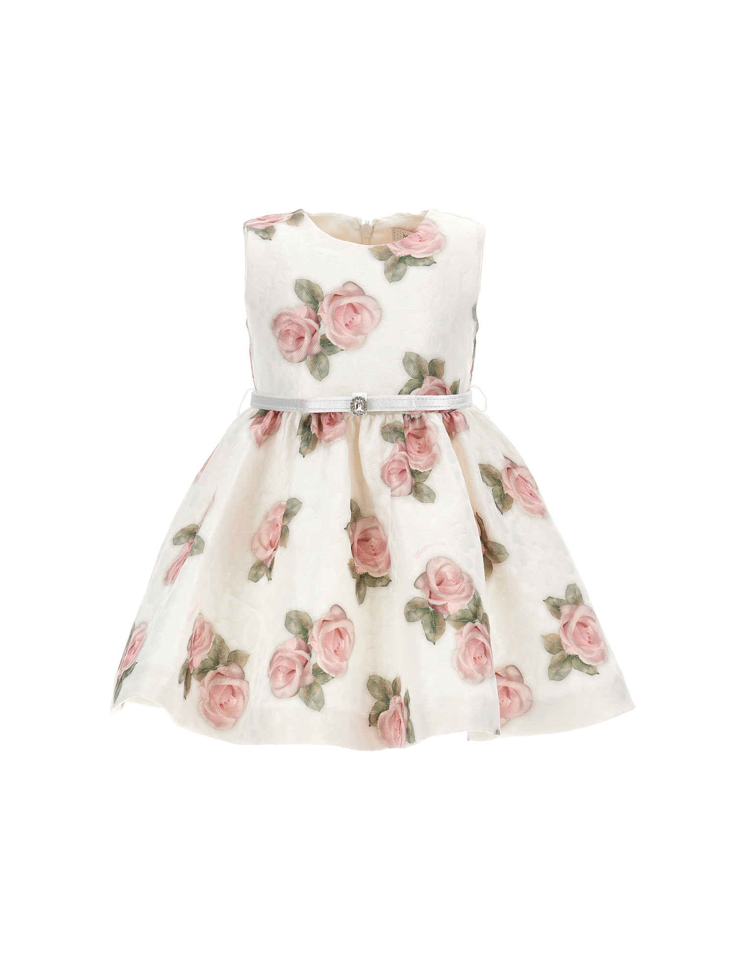 Monnalisa Kids'   Brocade Dress With Roses In Cream + Pink