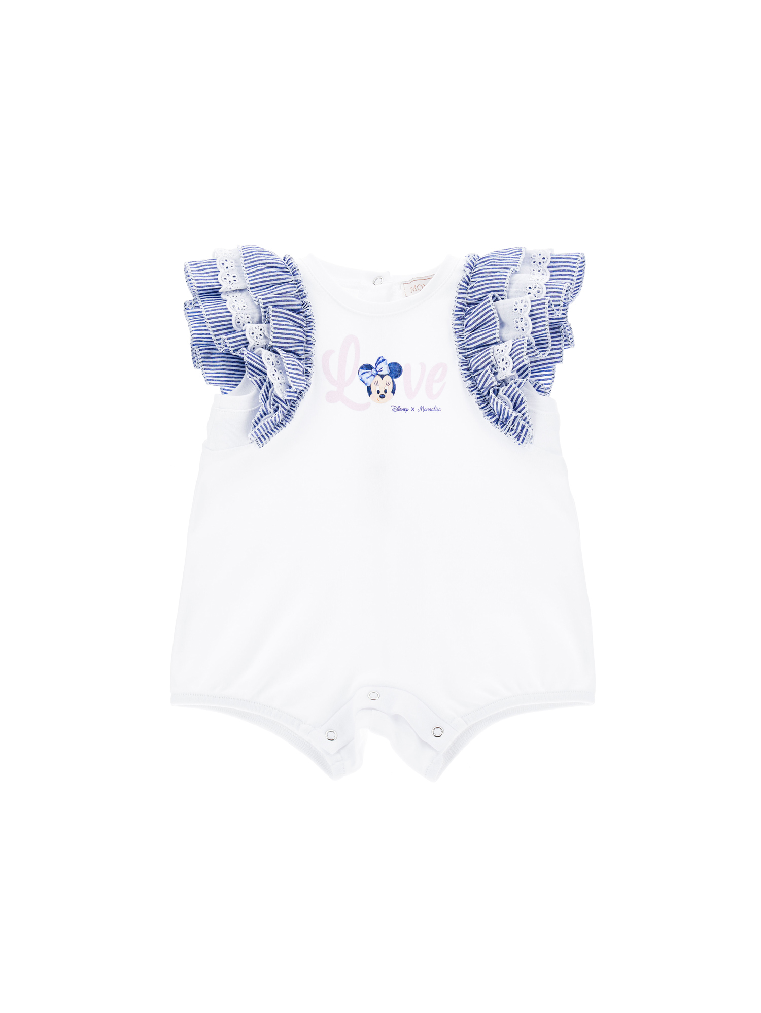 Monnalisa Kids'   Minnie Mouse Romper With Ruffles In White + Blue